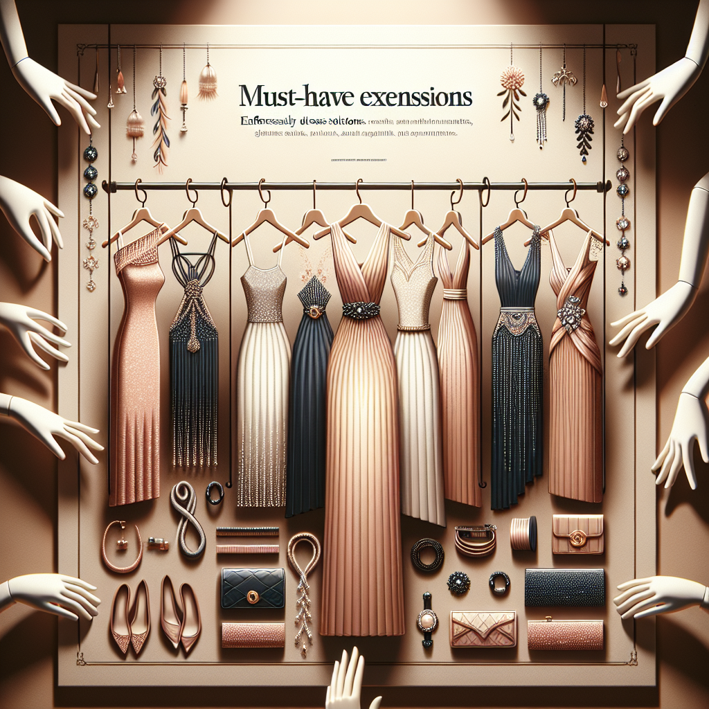 Must-Have Extensions: Effortlessly Elegant Dress Solutions Visualize an article cover emphasizing must-have fashion accessories for elegant attire solutions. The center should feature raised hangers holding fancy dresses with different cuts and designs to suit varying occasions. Additionally, show various accessories such as stylish belts, statement jewelry, silk scarves, and elegant clutch bags arranged aesthetically around the dresses. Towards the top, carefully illustrate the title 'Must-Have Extensions: Effortlessly Elegant Dress Solutions' in an elegant script style. Soft, warm lighting should be cast upon the scene to emphasize the luxurious quality of the items. Include diverse depictions of mannequin hands donning the accessories to depict inclusivity in fashion.