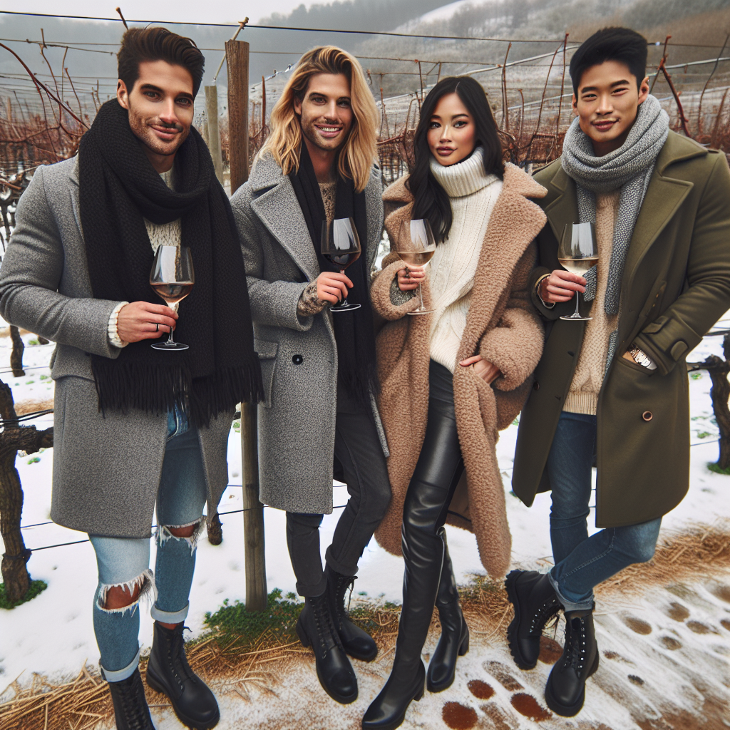 Generate an image of four friends at a vineyard in winter. They are enjoying a wine tasting event bundled up in stylish fashion. The first friend is a Hispanic man wearing a stylish grey peacoat, black scarf, and trendy boots. The second individual is a Caucasian woman donning a cosy oversized knit sweater, skinny jeans, and leather knee-high boots. The third friend is a Black woman wearing a trendy beige trench coat, a white turtleneck, and ankle boots. The last friend is an Asian man dressed in a green parka, jeans, and winter boots. All four are smiling, holding wine glasses, and surrounded by snowy vines.