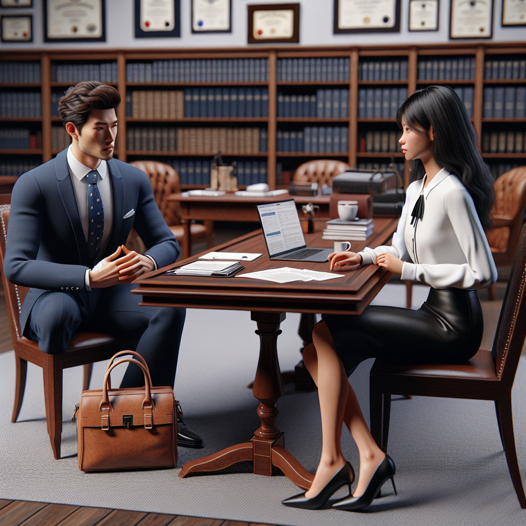 Imagine a highly-detailed scene of a university interview. We see an East Asian man in a smart navy blue suit, sitting in the interviewer's chair. His hands are folded on top of a mahogany table, and there is an open laptop in front of him with various papers and a cup of coffee. Across from him, we see a Black woman, the interviewee, in a crisp white blouse paired with a knee-length pencil skirt. A tan, professional looking handbag is on the floor next to her. Both are engaged in a serious discussion. The room is professional yet inviting, filled with bookshelves and diplomas on the walls.