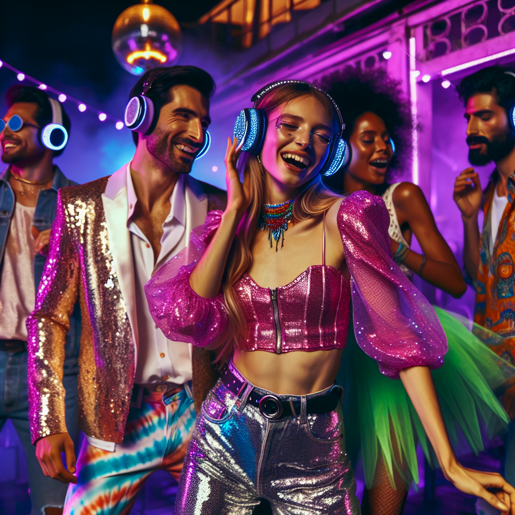 Silent Disco Styles: Must-Have Looks for Unforgettable Fun In a silent disco party at a rooftop, a diverse group of six people dancing to the tunes in their wireless headphones under purple neon lights. A Caucasian woman in a neon pink sequin crop top and shiny silver disco pants is laughing as she moves along with the music. A Middle-Eastern man next to her, in a brilliant white shirt, vibrant tie-dye jeans, and lightweight sound-cancelling headphones. They are accompanied by a Hispanic man with a glimmering gold sequin jacket and black jeans, a South Asian woman in a neon green tulle skirt and sparkling top, a black man in a funky printed shirt and colorful beaded necklace, and a White woman in a neon blue outfit with a LED rave fan. A disco ball is hanging from the ceiling with laser lights, silently adding to the fun atmosphere.
