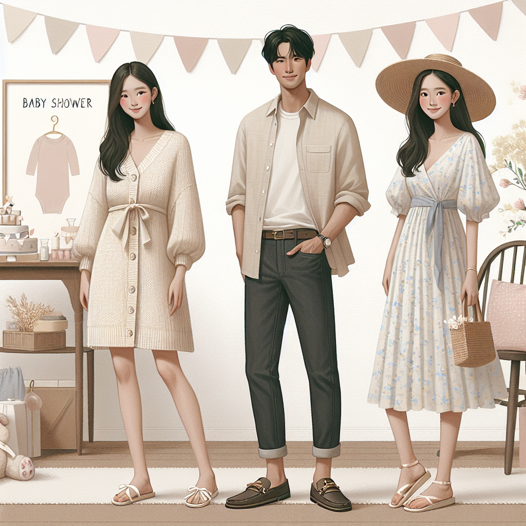 Effortless Outfits for Casual Baby Showers: Must-Have Styles Imagine a scene for an article about baby shower outfits. This scene showcases three effortless yet stylish outfits appropriate for a casual baby shower. The first outfit belongs to an Asian woman: a soft, pastel knitted dress paired with comfortable flat shoes. The second outfit is for a Hispanic man: a light-colored linen shirt with rolled-up sleeves, paired with dark jeans and leather loafers. The third outfit is a South Asian woman's light, airy floral dress complemented by a straw hat and wedge sandals. They are standing together, smiling, in a softly decorated space with bunting and balloons.