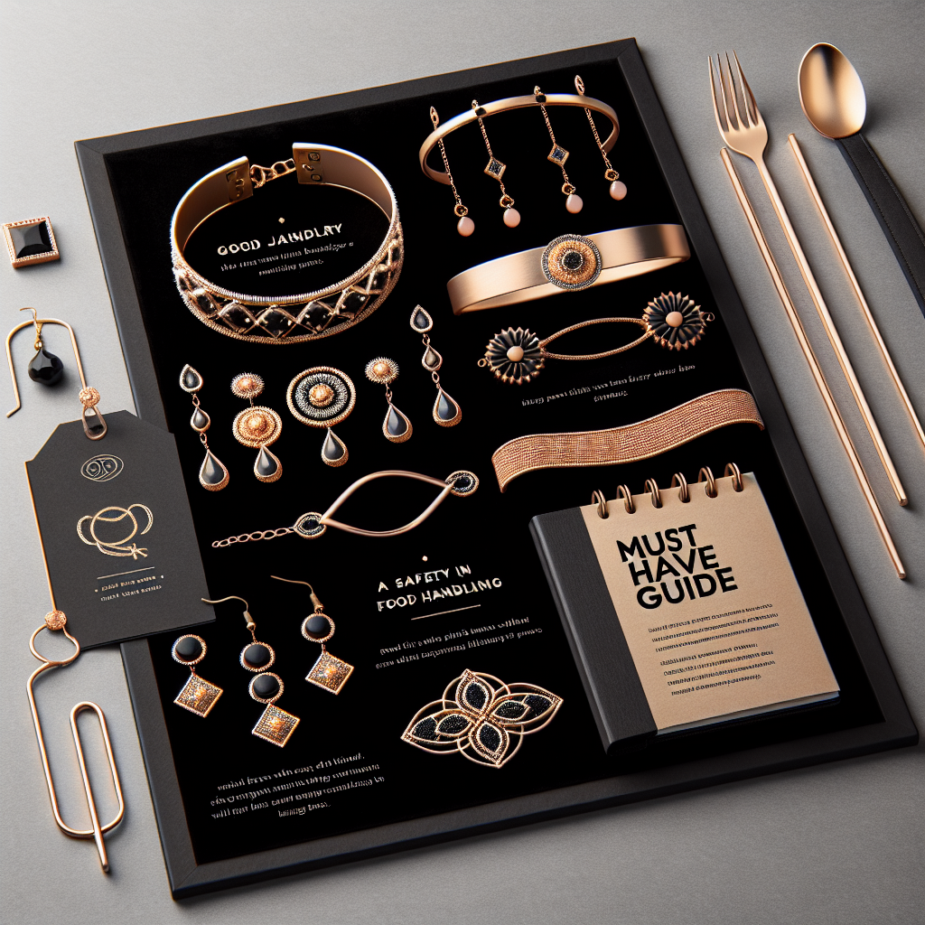 Create an image illustrating a range of stylish jewelry suitable for food handlers. Incorporate different forms of jewelry such as bracelets, earrings, and necklaces, but ensure these pieces promote safety in a food handling environment. The jewelry should be designed in a modern, sleek, and minimalist fashion and made from safe, hypoallergenic materials. Each piece of jewelry should be displayed on a black velvet board to highlight their design. Also, include a tastefully designed side notebook mentioning 'Must-Have Guide' on its cover, showcasing the do's and don&rsquo;ts of wearing jewelry while handling food.