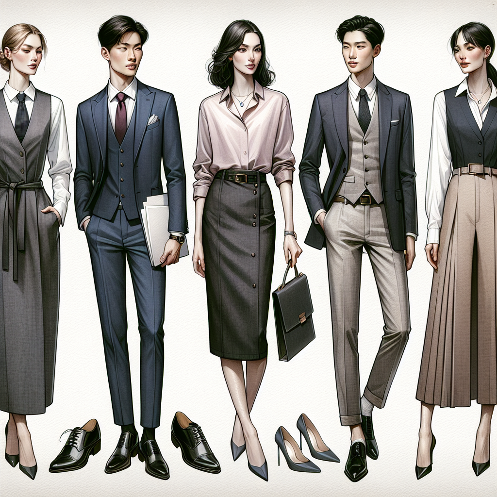 What to Wear to a Conference: Effortless Style Guide A style guide visualization featuring an array of sophisticated outfits appropriate for a professional conference setting. On one side, exhibit a tall, Asian man in a well-tailored navy-blue suit matched with a crisp white shirt, a burgundy tie, and polished black shoes. Beside him, portray a Caucasian woman in her thirties donning a chic business attire: a charcoals grey pencil skirt, a pastel blouse, paired with pointed-toe heels. Develop an aesthetic contrast by showcasing on the other side, a middle Eastern man wearing a handsome vest, collared shirt and formal pants, and a black woman styled with a crisp white blazer, a flowy trousers in neutral color, and a statement necklace. Arrange these figures in a collage-like arrangement against a minimalist backdrop.