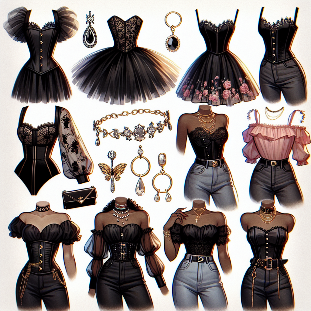 Visualize an assortment of stunning and fashionable outfit options for black corset tops. The scene includes a variety of stylish combinations such as the corset paired with puffy tulle skirts for a flamboyant look, slim-fit jeans for casual outings, or elegant pencil skirts for a sleek ensemble. Additionally, picture various accessories like crystal-studded chokers for a gothic appeal, or golden hoop earrings for a chic vibe. Imagine these ensembles worn by women of different descents, such as Hispanic, Asian, Middle-Eastern, and Caucasian, demonstrating the versatility and universal appeal of black corset tops.