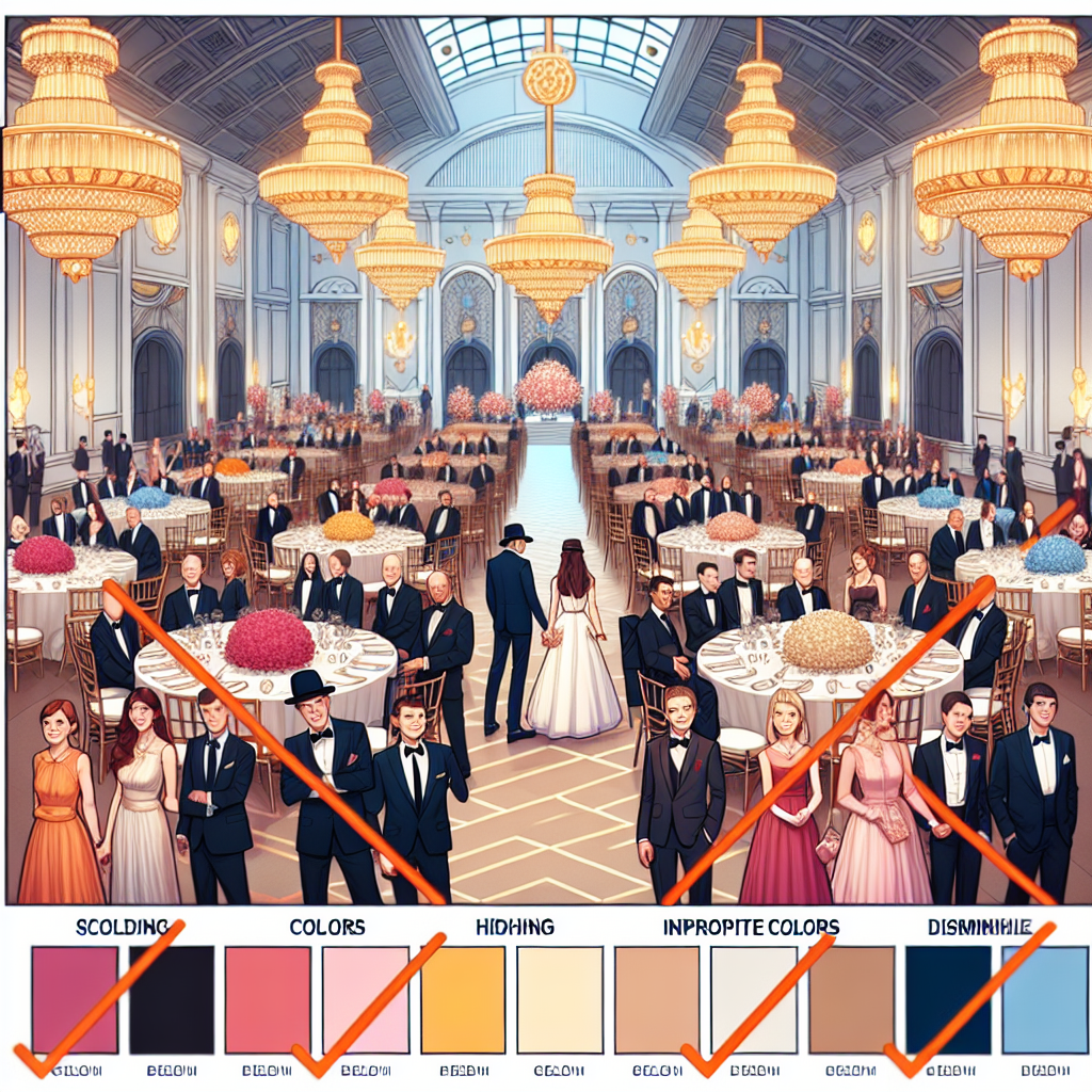 Must-Avoid Colors for Bar Mitzvah Elegance A visual guide demonstrating colors to avoid for elegant Bar Mitzvah celebrations. Include an array of pleasing color palettes suitable for refined celebrations countersigned with stark lines crossing out the inappropriate colors hinting the reader to dismiss them. The background should depict an opulent event area decorated for a Bar Mitzvah, showcasing classy decor and well-dressed guests of various descents and genders blending the suitable colors in their attire. Ensure to emphasize the wrong color choices in a subtle yet noticeable way.