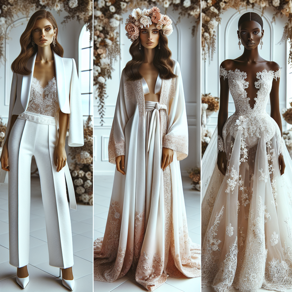 Create an engaging and stylish image depicting various wedding outfit alternatives to the traditional dress. Include a radiant bride wearing a classy white trouser suit paired with a floral hair accessory, accentuating an air of modern elegance. Picture a confident bride wearing a exquisite caftan in a soft, blush shade, an epitome of chic Bohemian vibes. Lastly, visualize a bride, exuding Victorian elegance, in an opulent white jumpsuit adorned with intricate lace details. Ensure all three brides come from different descents: Caucasian, Middle-Eastern, and Black. Set these scenes against the backdrop of an elegant, flower-decorated wedding venue.