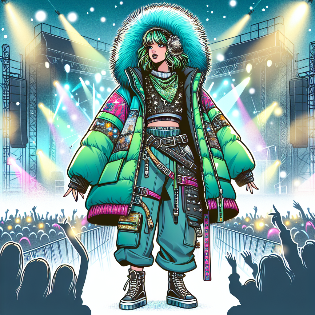 Billie Eilish Concert Styles: Must-Have, Effortless Looks! An illustration depicting the unique concert style typically associated with pop music sensations. The scene includes a young female musician wearing oversized clothes with neon colors, trendy street-style accessories, and a distinctive hairstyle of bright green and black colors. Her attire is effortlessly cool and a must-have for winter concerts. The environment around her is vibrant and lively, showcasing a bustling concert with colorful lights and enthusiastic fans in the background.
