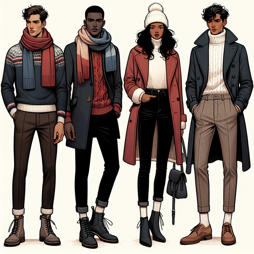 Stay Warm, Look Chic: Must-Have Winter Date Outfits Visualize a narrative featuring three individuals on a winter date. The first individual is a Caucasian male wearing a stylish wool sweater, dark pants, warm leather boots, and a multicolored scarf wrapped around his neck. The second individual is a Black female in a fashionable red cashmere coat paired with a fluffy white beanie, black skinny jeans, and grey suede ankle boots. The third person is a Middle-Eastern male sporting a chic navy blue pea coat, white turtleneck sweater, black straight cut jeans, and brown leather loafers. They all have a comfortable yet stylish aura, illustrating the balance of staying warm and looking chic during winter dates.