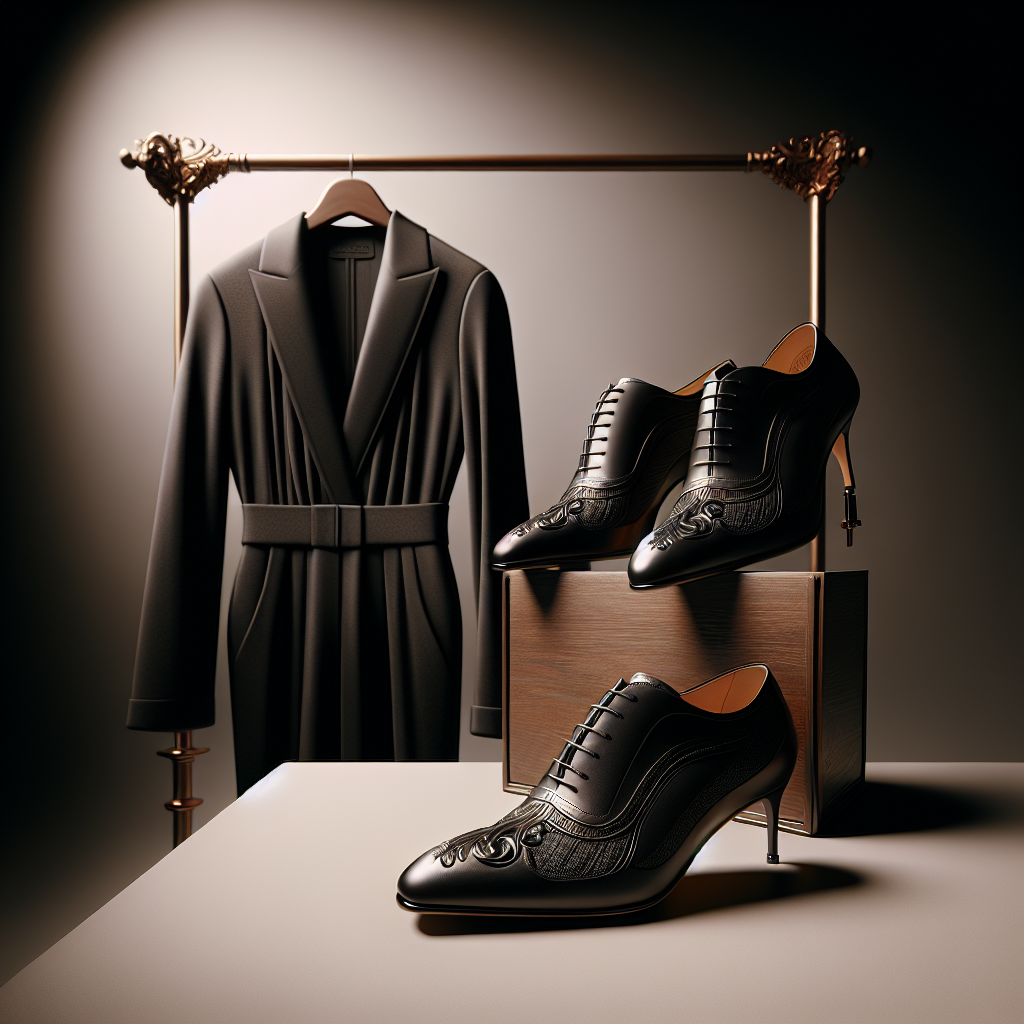 Imagine an elegantly styled setting featuring a pair of high-fashion shoes that perfectly complement a black jumpsuit. The shoes themselves are detailed with intricate design work, displaying a keen sense of style and modern fashion trends. The black jumpsuit is hung gracefully in the backdrop, adding a complementing touch to the scene. The overall setting conveys the message that these shoes are a must-have accessory to complete your black jumpsuit look. All the elements are presented in a sophisticated and chic manner that reflects prevalent fashion sensibilities.