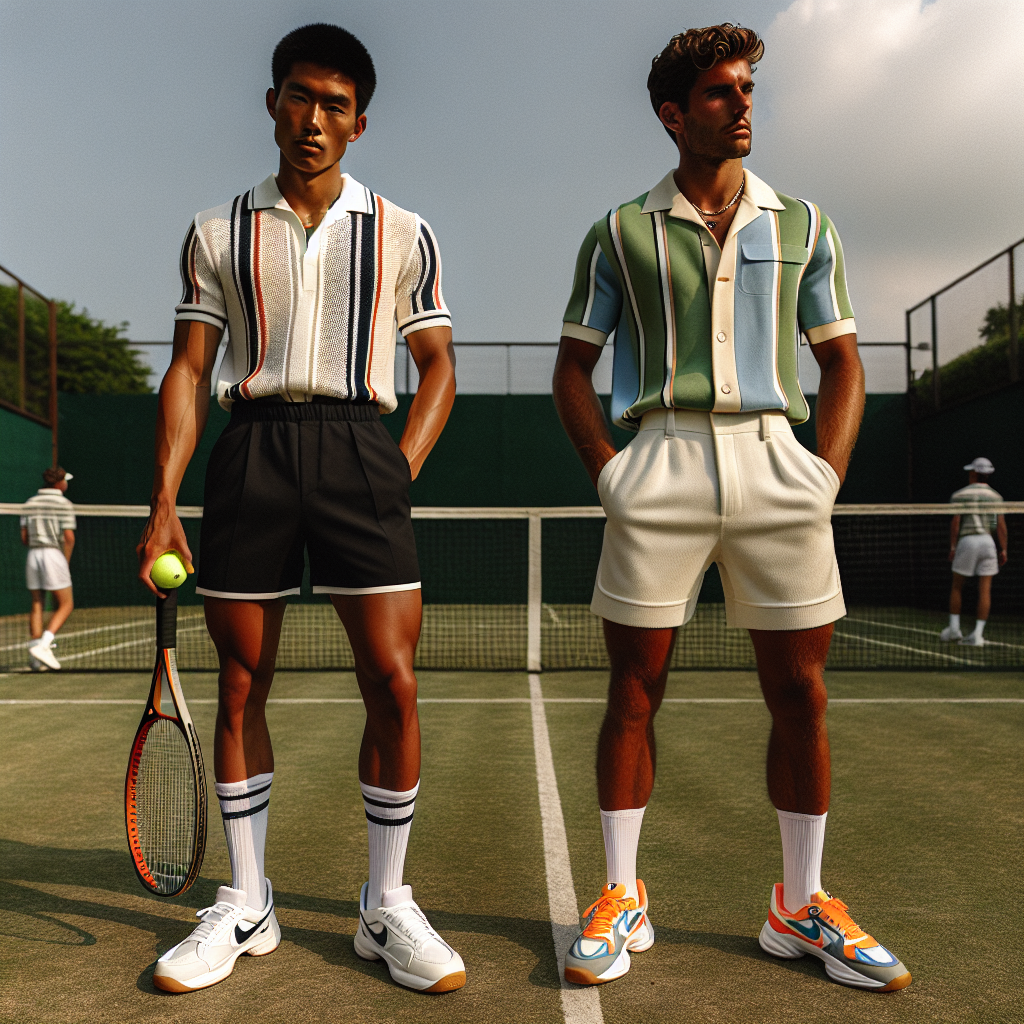 An aesthetic showcase of fashionable tennis outfits for men on a sunny day. The scene should be set on a grass tennis court with two male players. The first player has Asian descent, wearing a traditional white polo shirt, black shorts with white trim, white knee-high socks and sport shoes. He holds a tennis racket in his right hand and a yellow tennis ball in his left hand. The other player, with Hispanic descent, standing at the other end, dons a trending green-and-blue striped tennis shirt, off-white shorts, and neon-orange trainers. Both are about to engage in a friendly tennis match.
