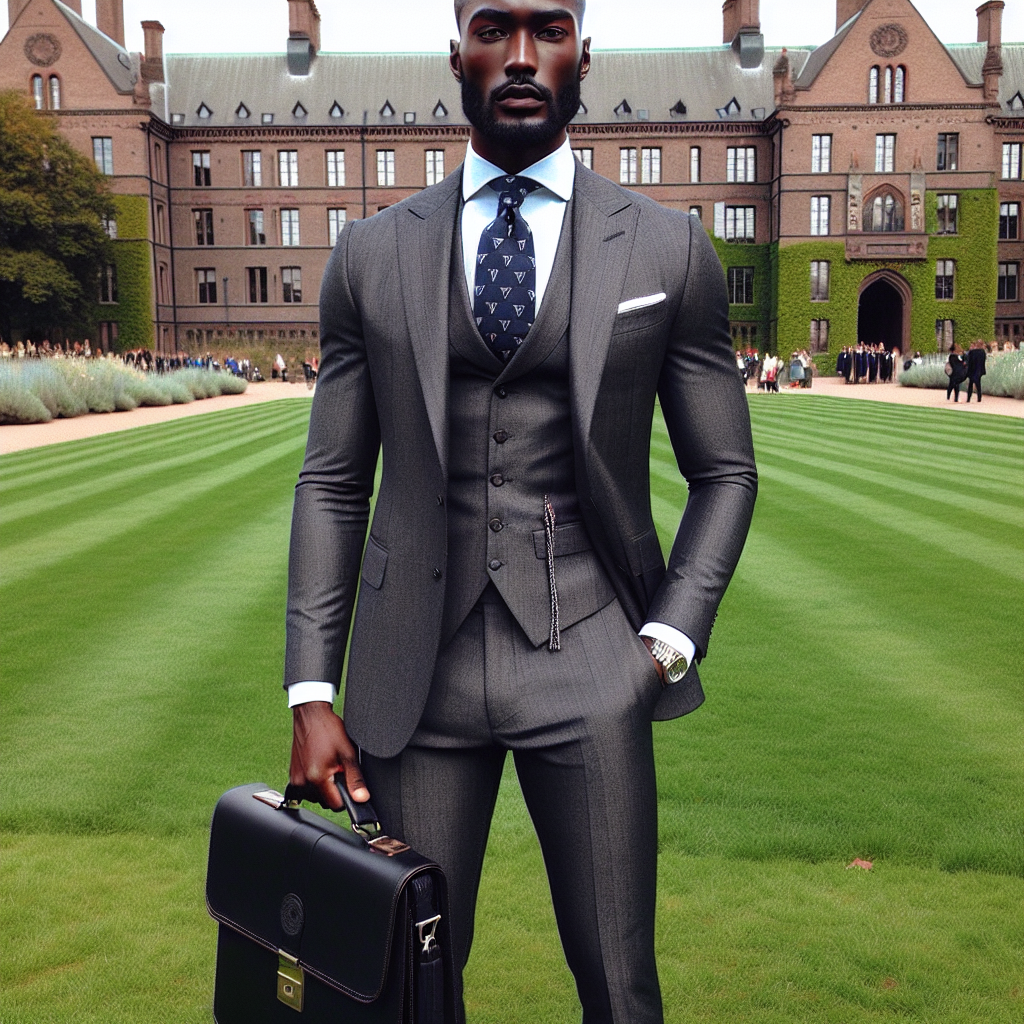 Generate an image depicting an elegantly dressed man attending a graduation ceremony. He's adorned in a finely tailored charcoal-grey suit with a crisp white shirt beneath. Along with this, he wears a complimenting navy blue tie that's patterned with subtle silver stripes. The man is also carrying a high-quality black leather briefcase. His long, perfectly polished black shoes complete his marvelous look. In terms of appearance, he is a Black gentleman with a shaved head and well-groomed beard. He's standing proud and confident on the lush, green courtyard adjacent to the institution's main building.