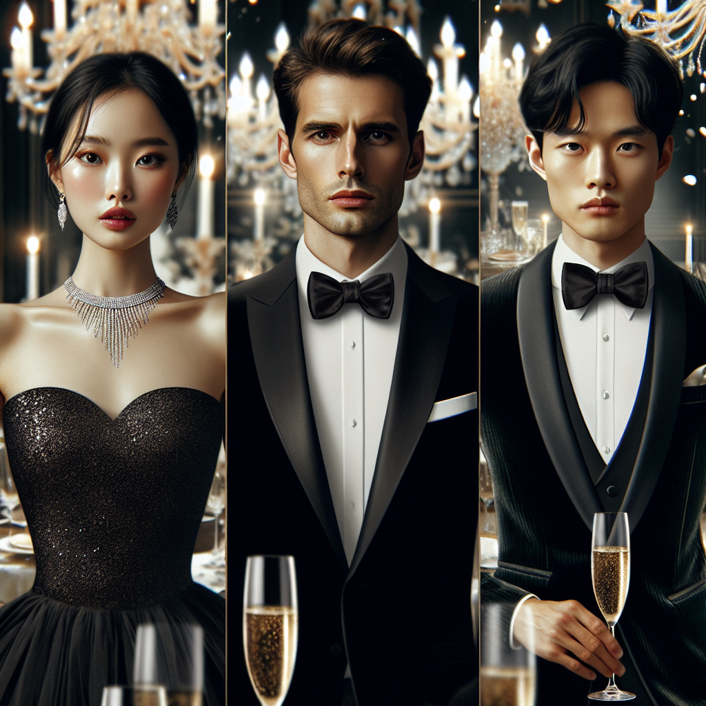 Stunning Black Tie Attire: Effortless Elegance Revealed Depict a sophisticated evening scene at a formal event. Have three individuals showcasing the height of black tie attire. The first is an East Asian woman in a chic black gown with a diamond necklace that catches the light. The second is a Caucasian man in a classic well-fitted tuxedo, black bow tie, and polished shoes. The third is a Middle-Eastern man in a modern, tailored velvet dinner jacket with a silk bow tie. All three exude an effortless elegance. Add finer details such as twinkling chandelier and a background filled with celebratory, sparkling champagne glasses.