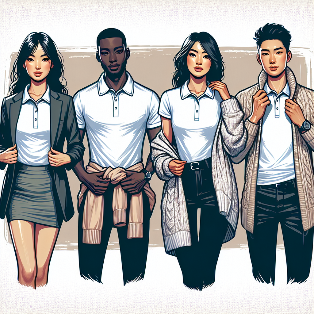 Master Effortless Style: What to Wear Over a Polo Shirt Illustrate a fashion-forward scene where four people with diverse backgrounds are demonstrating different ways to style a polo shirt. The first person, an East Asian woman, can be layering the polo shirt with a chic blazer. The second, a Black man, can be embellishing the polo shirt with a fitted sweater. The third, a Hispanic woman, could be pairing the polo shirt with a light, long sleeve cardigan. Lastly, the fourth person, a Middle-Eastern man, can be complementing the polo shirt with a contemporary vest.