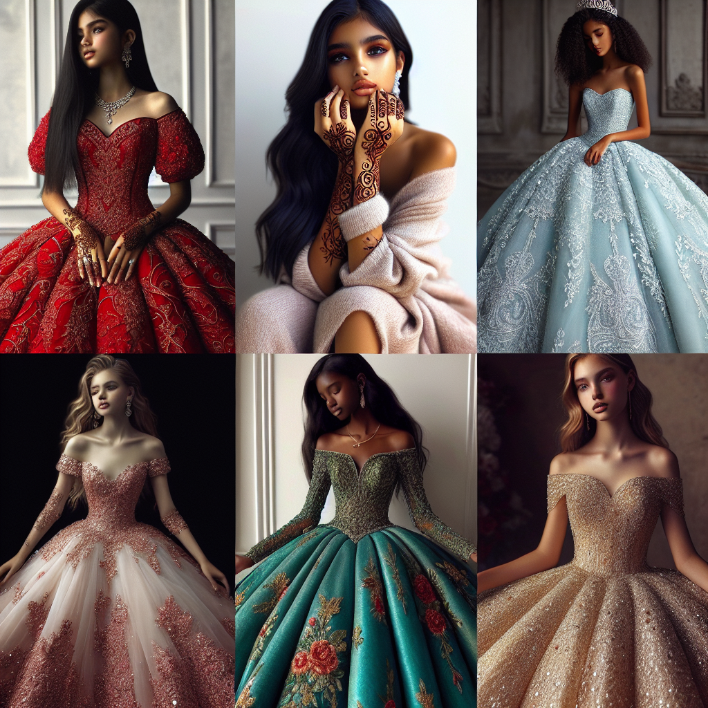 Imagine a variety of stunning outfits for Quinceaneras, capturing the essence of effortless style. A South Asian girl in a lavishly embroidered red ball gown, sporting intricate Henna designs on her hands. A Middle-Eastern girl's intricately beaded powder blue gown emphasizes her natural elegance. A subtly detailed dove white dress seems almost ethereal on a Black girl, while a Caucasian girl's brilliant emerald green gown radiates regality. An ornate golden dress, shimmering in the light, complements a Hispanic girl's radiance. Each outfit flawlessly accommodating matching accessories, transporting observers into a world of youthful elegance and charm.