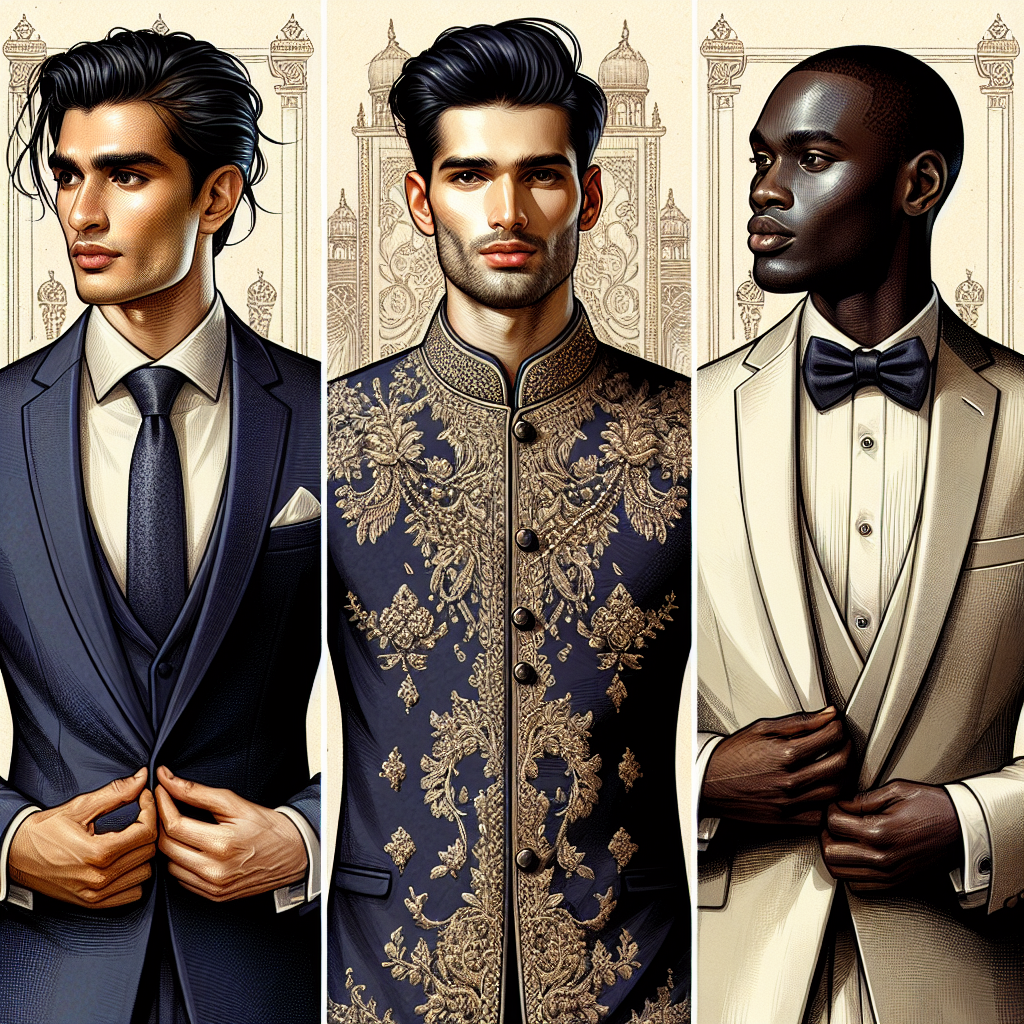 Must-Have Wedding Attire for Men: Effortless Style A detailed depiction of three men presenting different styles of wedding attire. The first man, of Middle-Eastern descent with a fit physique, confidently wears a slim-cut, navy blue suit, with a perfectly tied Windsor knot on a dark silver tie. Next to him, a South Asian man with an average build sports a traditional Sherwani in cream color, embellished with intricate gold embroidery. The third man, a Black gentleman with a muscular physique, gracefully sports a tuxedo with a bow tie. The image conveys both traditional elegance and effortless style, brilliantly encapsulating the theme of must-have wedding attire for men.