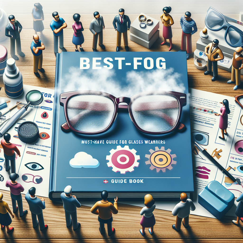 Create an image of a scene that represents the topic of 'Best Anti-Fog Tips: Must-Have Guide for Glasses Wearers'. Feature a central object being a pair of glasses with a glossy sheen, and light mist dissipating around it to indicate the anti-fog quality. Also, include a colorful guide book with tips and diagrams related to glasses maintenance beside it on a wooden table. Generate a backdrop featuring a diverse range of people of different descents like Caucasian, Black, Hispanic, South Asian, Middle-Eastern, and White, with various genders, all wearing glasses and engaged in a lively, informative discussion about taking care of their glasses.