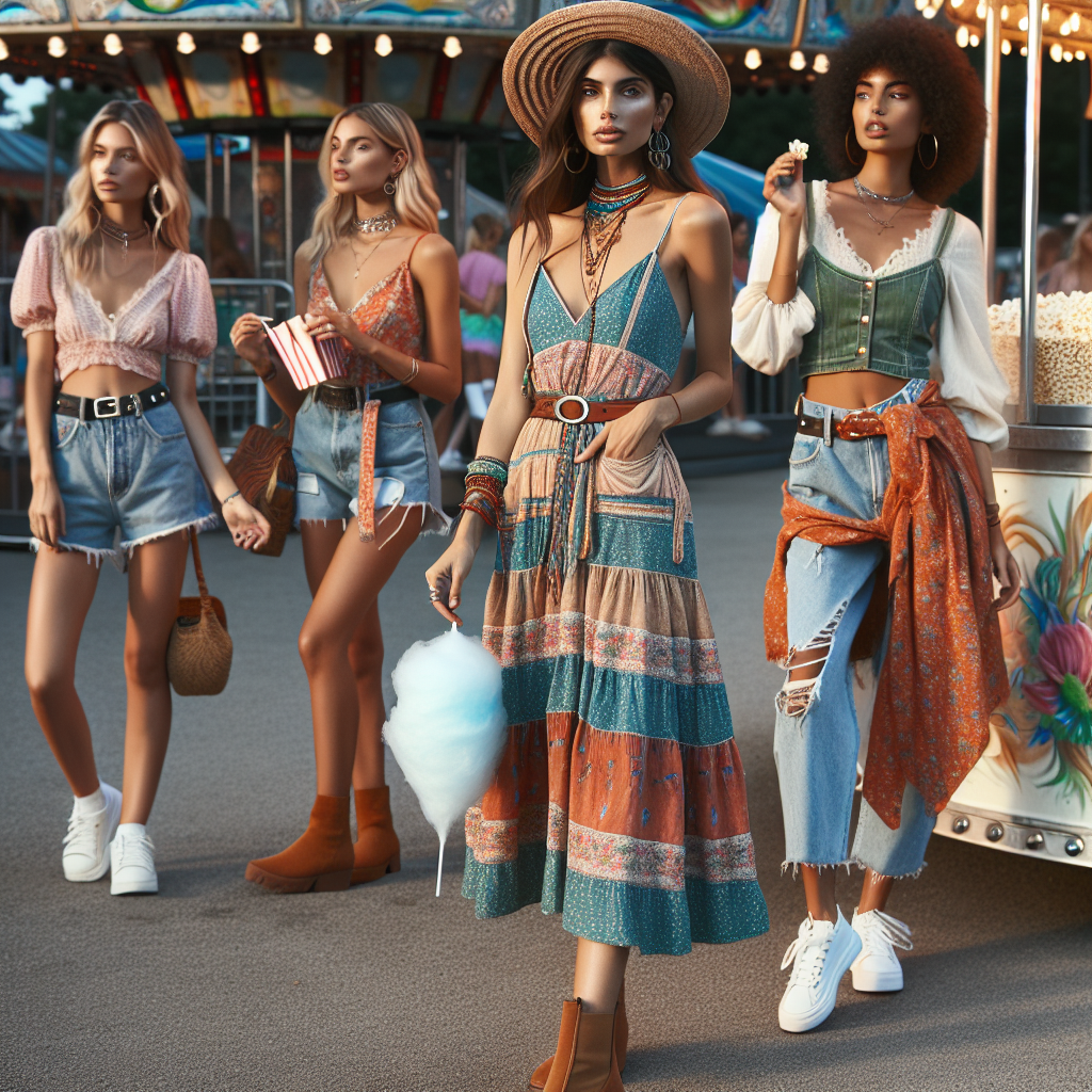 Image of a fashionable outdoor setting with multiple women wearing different fair outfits. In the foreground, a Middle-Eastern woman wearing a trendy boho-chic dress with layered necklaces and ankle boots. She's holding a cotton candy in her hand. In the middle, a Hispanic woman styled in a vibrant sundress with floral patterns, paired with a straw hat and sandals. She's eating popcorn. In the backdrop, a Black woman dressed in a cool, casual denim outfit with a crop top and ripped jeans, combined with a chunky belt and white sneakers. She is trying her luck at a fair game. The atmosphere is lively and colourful, reflecting the joy and excitement of a fair.