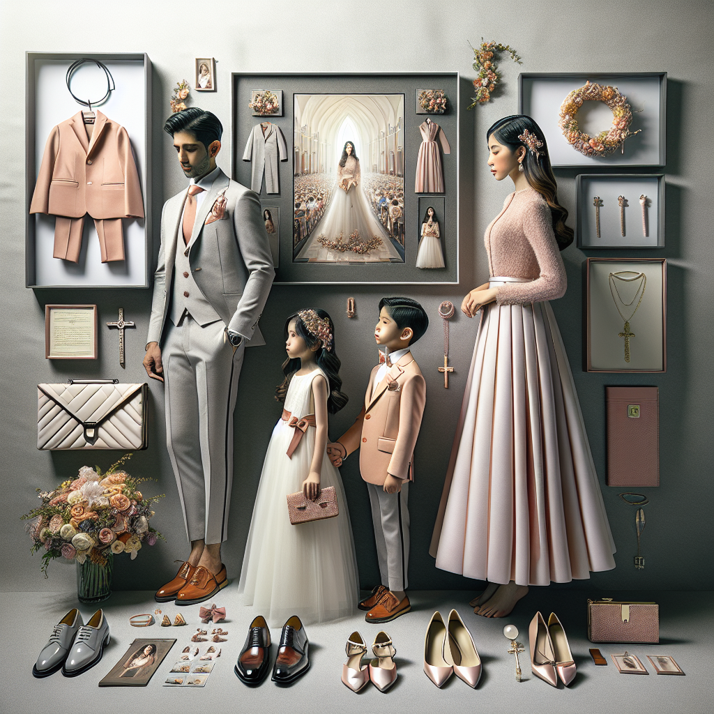 A meticulously arranged snapshot of event-appropriate attire for guests of a First Holy Communion ceremony. The frame includes a South Asian man dressed in a formal, light-colored suit with a coral tie and a white woman in an elegant, pastel dress with a pearl necklace. Also captured are accessories like a tasteful clutch bag, chic hair clips, and polished leather shoes. The children in the image are holding prayer books, all symbolizing the sanctitude of the event. The backdrop is a tastefully decorated space with flowers and subdued lighting, embodying the serene and introspective nature of the occasion.