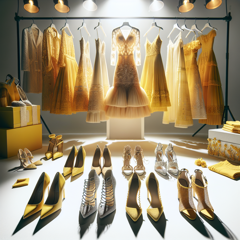 Stunning Shoes for Yellow Dresses: Effortless Picks Imagine a crisp, high-resolution image of several pairs of stunning shoes meticulously arranged against the backdrop of vibrant yellow dresses. The shoes vary in style, from elegant high heels with intricate patterns to comfortable, chic flats. Each pair possesses a unique charm that complements the brightness of the yellow dresses, highlighting their potential for different occasions, from casual dayouts to formal evening events. Bright lights illuminate the scene, casting delicate shadows that add depth to the layout. The shoes and dresses are set against a minimalist white background that throws their colors into sharp relief.