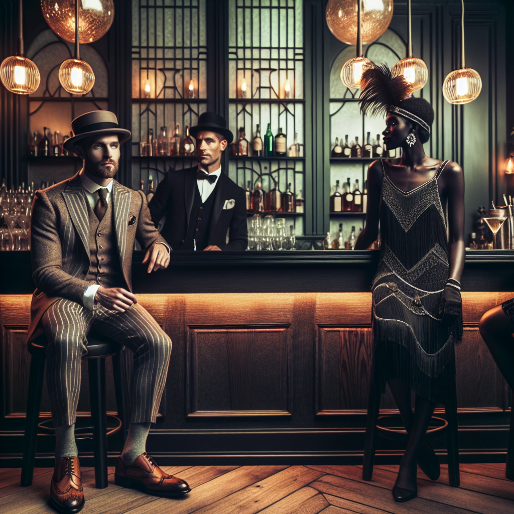 Visualize a sophisticated speakeasy ambience. Interior is dimly lit with a vintage touch, showcasing art deco style furnishings mixed with dark wooden panels. A man in a 1920s-inspired three-piece suit, a flat cap, and leather brogues sits at the bar. He's Caucasian with a neatly groomed beard. Near the entrance, a Black woman in a flapper dress with a headband featuring an elegant feather speaks to a South Asian man wearing a waistcoat and pinstriped trousers. The aura radiates an air of mystery and nostalgia, showing off the unique fashion styles of the prohibition era.