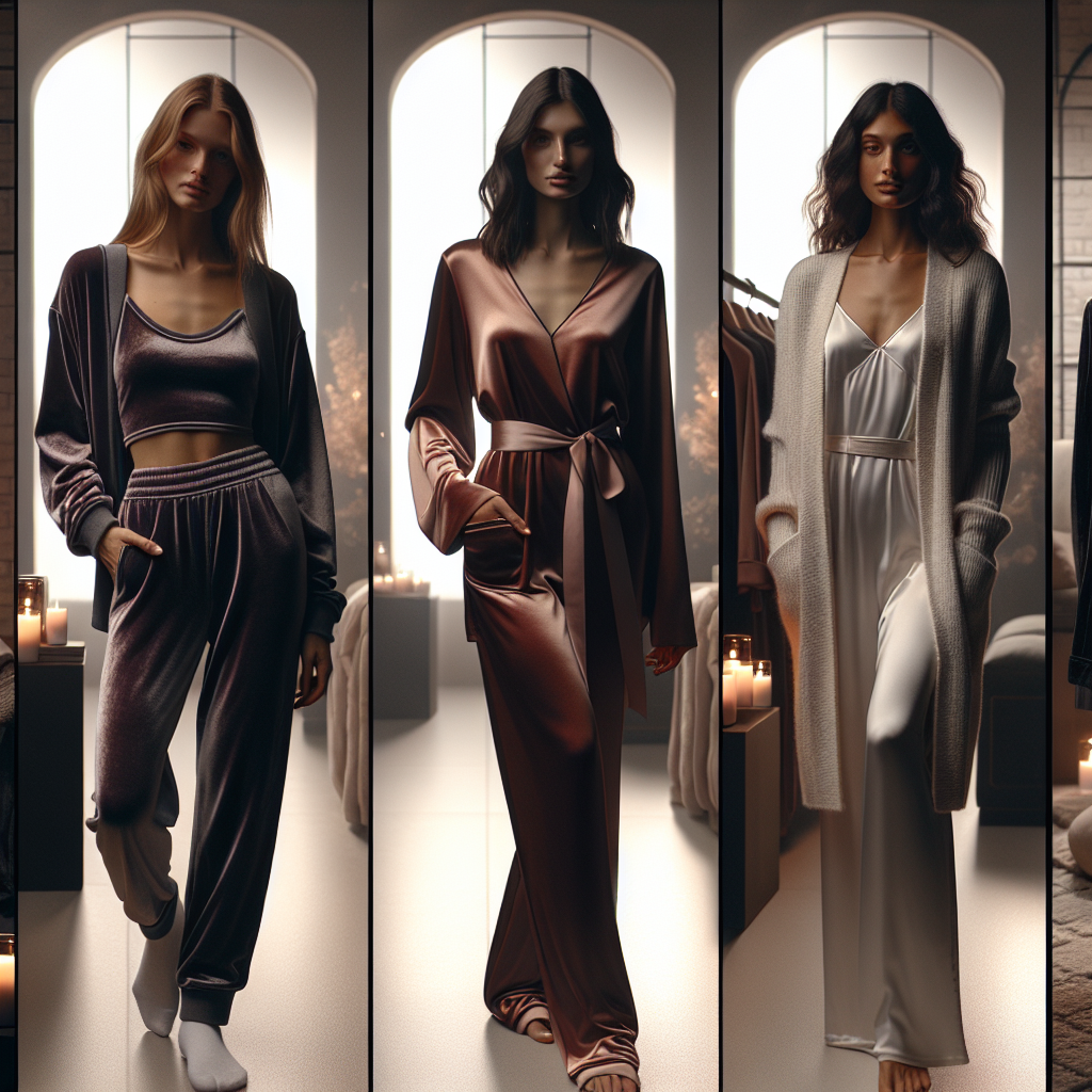 A fashion showcase with four different scene settings and each containing a female model with a unique descent modeling a marvelous lounge outfit. In the first setting, a Caucasian woman is dressed in a chic and comfortable velvet tracksuit. Next, a South Asian woman is displaying a beautiful silk robe worn over satin pajamas. In the third setting, a black woman models a stylish cashmere sweater paired with cotton leggings. Lastly, a Hispanic woman is exhibiting an elegant loungewear dress with a sleek belt. The ambience of each setting is cozy and the lighting subtly highlights the texture and color of each loungewear.
