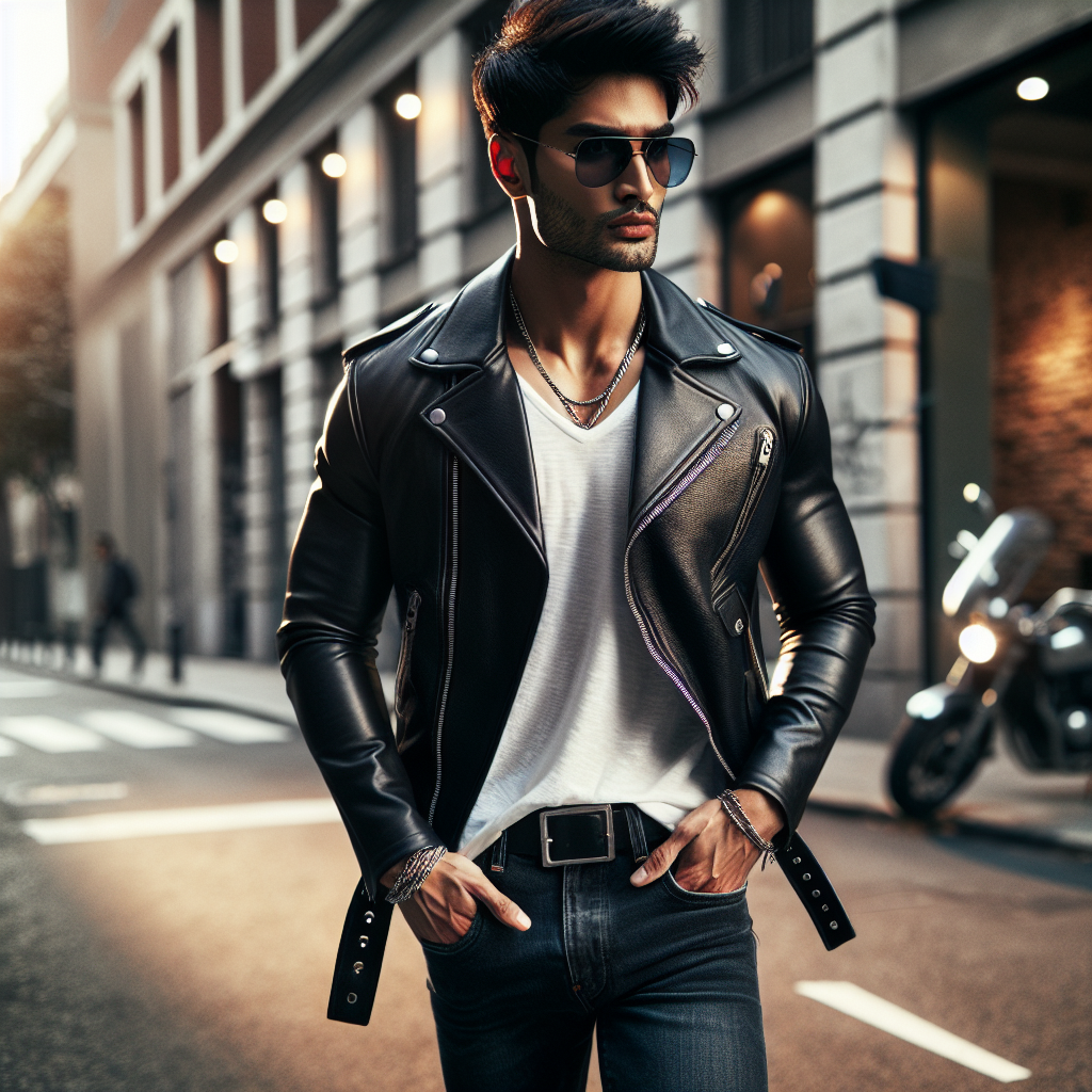 Picture an urban street style scene with a South Asian man showcasing his swagger while donning a black leather jacket. He has paired it with a fashionable white V-neck t-shirt, fitted dark blue jeans, and black ankle boots. He's accessorizing with a bold silver chain around his neck and dark aviator sunglasses. The background emanates a cool, city vibe with a brick wall and street lights. Use natural light to show the texture and shine of the leather jacket and highlight the overall stylish aura.