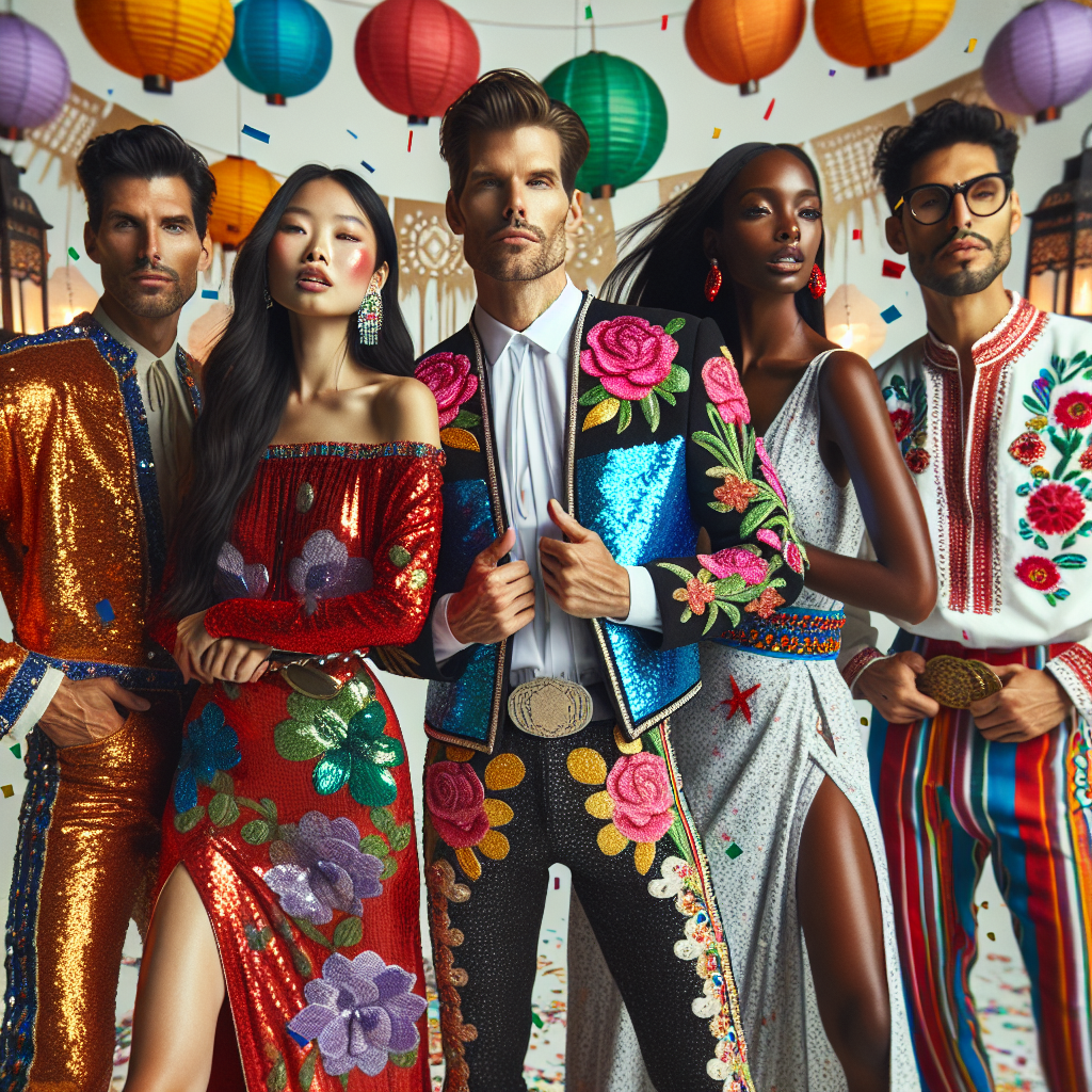 Stunning Fiesta Outfits: Find Your Perfect Look Visualize a dynamic fashion scene showcasing a variety of individuals wearing stunning fiesta outfits. Portrait an Asian woman wearing a colourful, sequin-emblazoned dress, a Caucasian man in a traditional charro suit, a Black woman flaunting a vibrant floral maxi dress, and a Middle-Eastern man in a stylish guayabera with bright patterned trousers. These individuals are of diverse age range, excitedly soaking in the festive atmosphere, with lanterns, streamers, and confetti in the background, demonstrating a perfect mix of stylish, fun, and cultural authenticity.