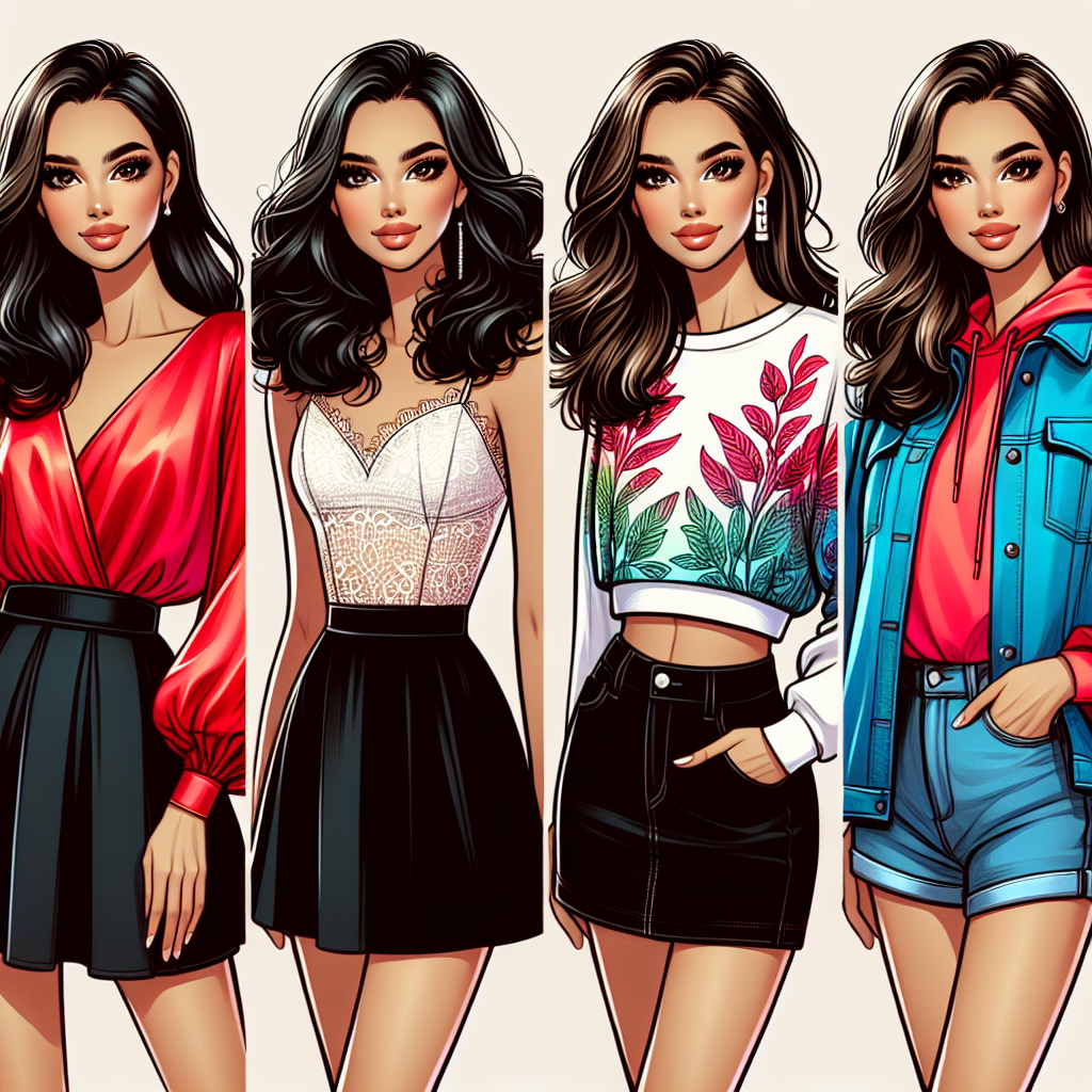 Illustrate a fashion ensemble guide showcasing four stunning outfits that can be paired with a black skort. The first outfit has a vibrant red silk blouse for a chic, evening look. The second features a white lacy top for a classy day out. The third outfit has a neon printed sweatshirt for a more casual yet trendy appearance. Finally, the fourth ensemble includes an indigo denim jacket suggestive of a cool, breezy day. Each outfit is modeled by different women, a Caucasian, Black, Middle-Eastern, and Hispanic woman respectively, showcasing diverse beauty in these stunning outfits.