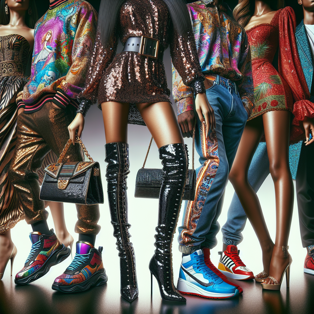 A detailed view of a variety of stunning outfits designed for comedy shows. In the foreground, there's a Middle Eastern woman wearing a sequin jumpsuit and a pair of shiny black boots, exuding confidence and radiating style. In the middle is an African American man in a vibrant patterned shirt, skinny jeans, and contrasting bright sneakers. In the background, an Asian woman showcases an elegant mini dress paired with thigh-high boots and a unique handbag. This image captures the vibrancy, flair, and effortless style of comedic performance attire.