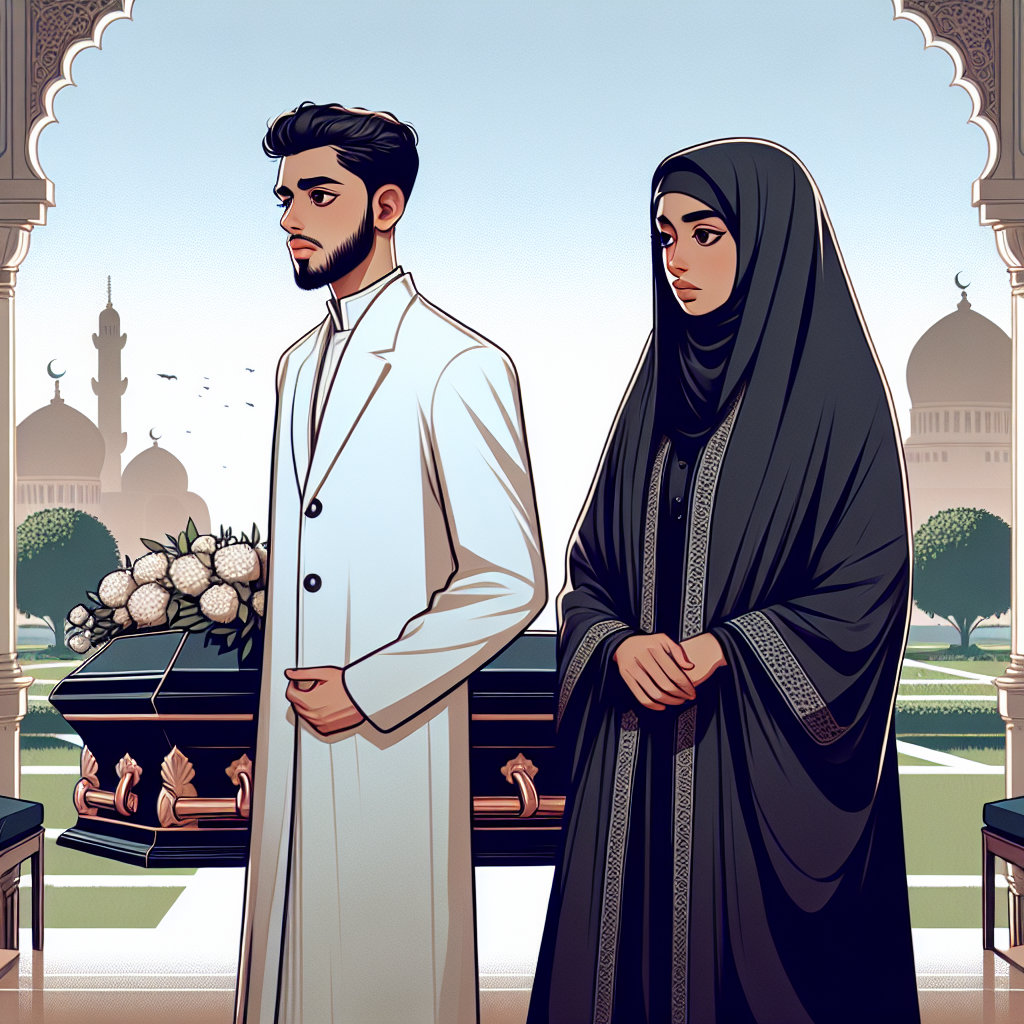 Muslim Funeral Attire: Must-Have Respectful Picks Illustrate a scene of a respectful Muslim funeral. In the scene, feature a South Asian man and a Black woman, both elegantly dressed in traditional Islamic funeral attire. The man should be wearing a white Thobe or Dishdasha, while the woman is draped in a black Abaya and Hijab. Set the scene in a serene, contemplative atmosphere, perhaps with a backdrop of a mosque or a beautifully landscaped garden. Note: focus on portraying respect, tradition, and dignity in the scene.