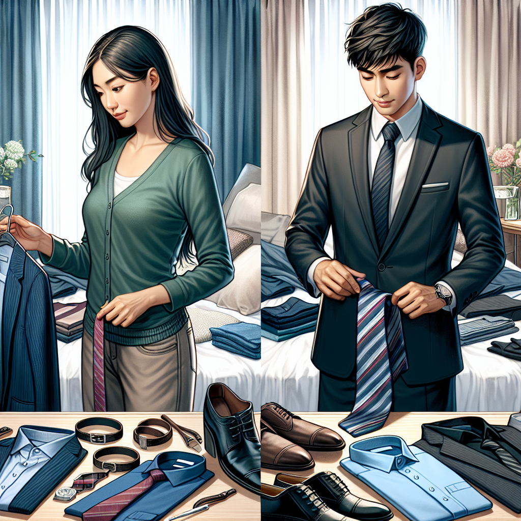 What to Wear to a Job Interview: Exclusive Tips Create a detailed and realistic depiction of an Asian woman and a Middle-Eastern man preparing for a job interview in a bedroom setting. Both individuals are choosing their clothing; the woman is looking at pantsuits and blouses in various shades of blue and green, while the man is deciding between various crisp business suits in different shades of dark grey or black. Accessories such as neckties, belts and shoes can be spread around for added details. Give focus to the professional and neat clothes often recommended for job interviews.