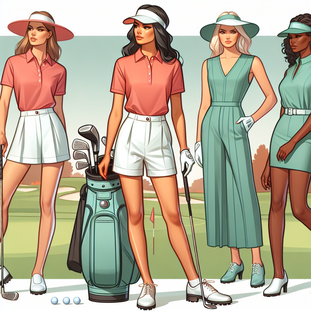 Golf Style Guide: Must-Have Outfits for Her Depict a fashion-forward golf style guide for women. In the forefront, show a Caucasian woman wearing a smart, coral polo shirt with a pair of white, tailored shorts and matching golf shoes. Include a golf club in her hand. Behind her, present a Hispanic woman in an elegant, mint green golf dress and white visor, walking with a golf bag over her shoulder. Further behind, depict a Black woman in a sleek, navy blue golf jumpsuit leaning on a putter. Enhance this scene with a sunny golf course in the background and golf equipment like balls and tees closeup.