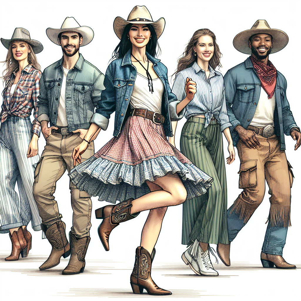 What to Wear to a Line Dancing Class: Effortless Style Imagine an energetic fashion guide for a line dancing class. In the center, there's a female Caucasian instructor in a classic cowboy hat, fitted denim jacket, and a flowing checkered skirt. She's showing a basic line dance step with a cheerful expression. Around her are her students of various genders and descents: a Middle-Eastern male in cargo pants and cowboy boots, a South Asian female in a cotton sundress with cowboy booties, a Hispanic male in jeans and a checkered shirt, and a Black female in denim shorts with a fringed vest. The image exudes effortless style.
