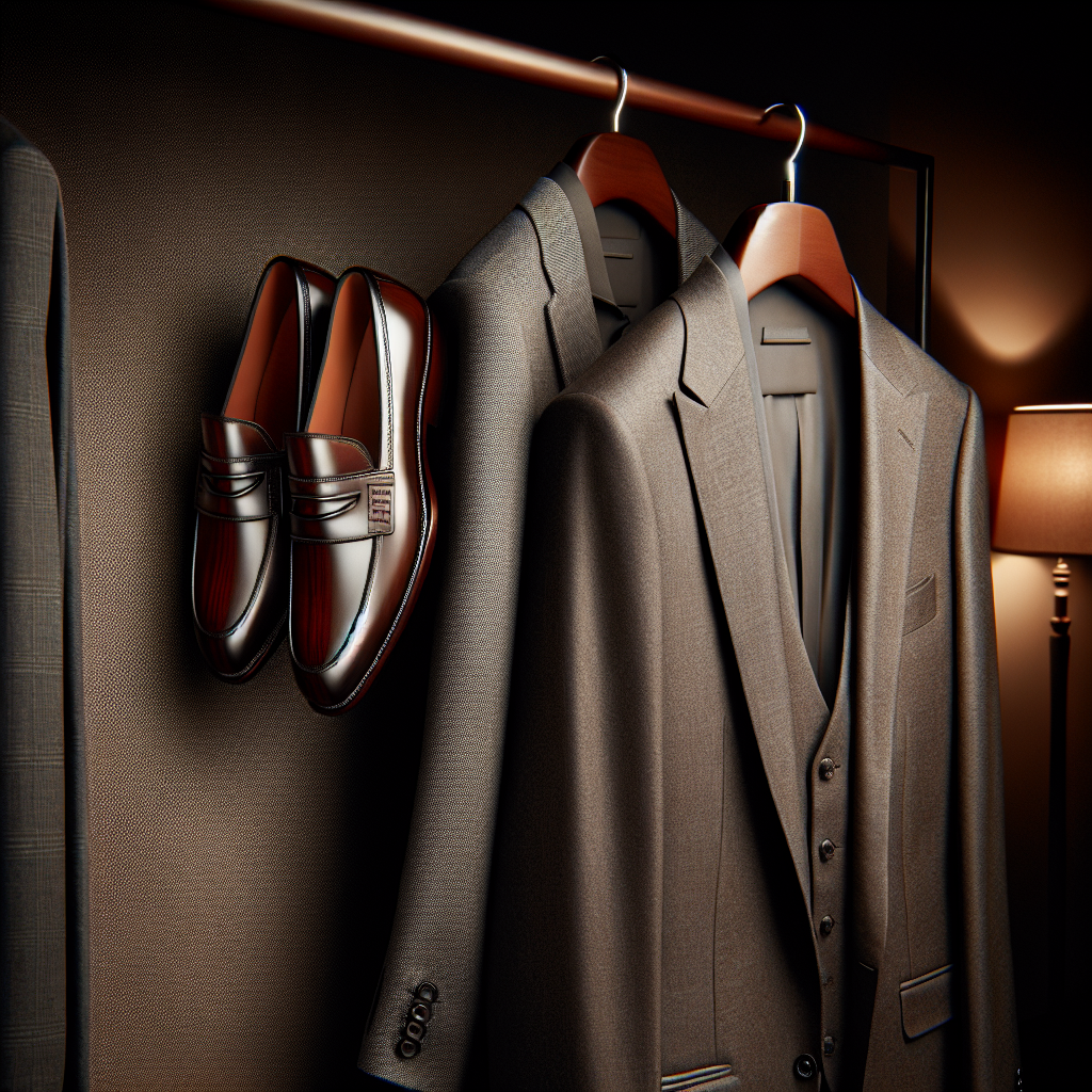 Illustrate a sartorial composition. This should feature a pair of impressively crafted, polished loafers in a dark walnut shade, contrastingly complemented by a stylish, slim-cut light grey suit hanging seamlessly behind it. The suit should be impeccable, with sharply tailored lines and a modern fit. The shoes should display intricate detailing, elevating the sophistication of the overall attire. No human subjects should be visible in the image, allowing the focus to remain solely on the clothing items. The setting could be a refined closet or a dressing room warmly lit to accentuate the elegance of the ensemble.