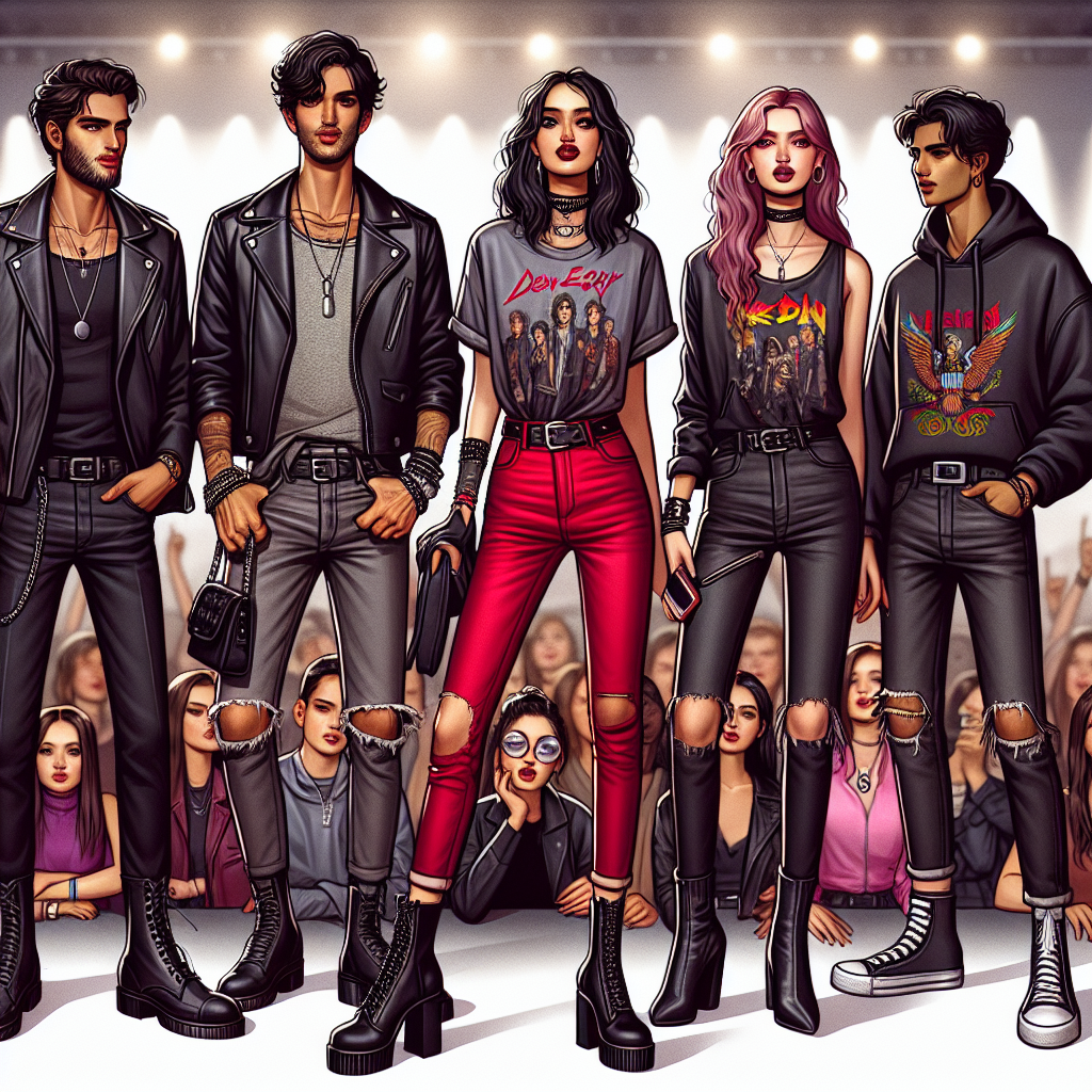 Stunning Outfits for Creed Concerts: Effortless Style Tips Imagine a concert scene for a popular rock band. Amidst the crowd, a diverse group of stylish individuals stands out due to their outstanding outfits. A Middle-Eastern male is dressed in a black leather jacket, grey tee, faded jeans, and black boots, his wrist adorned with rugged silver bracelets. A Hispanic female exudes charisma, her outfit consisting of an oversized band tee, vibrant red skinny jeans, and high-heeled ankle boots. Nearby, a South Asian female rocks a black oversized hoody, ripped jean shorts and classic white sneakers. Each has expertly coordinated their ensembles to reflect both their individuality and love for the rock music genre.