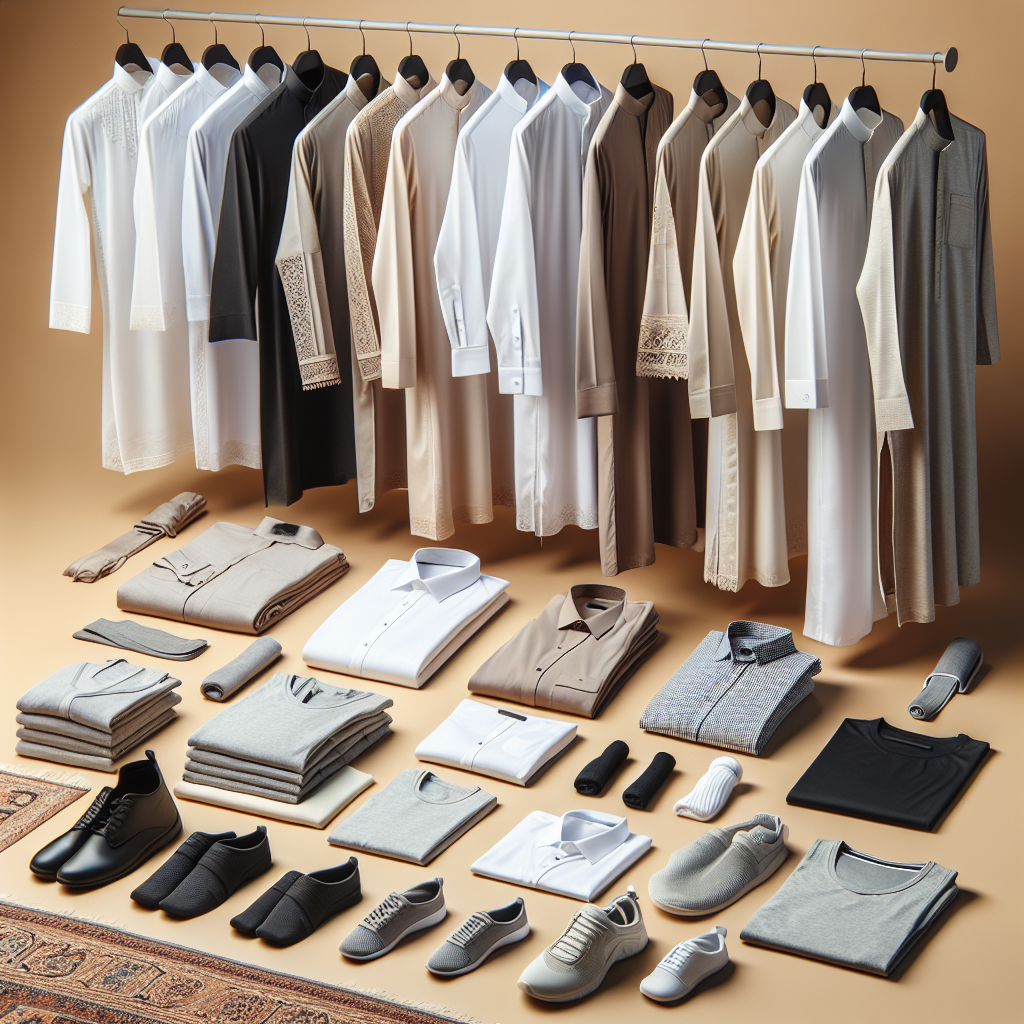 A well-arranged clothing collection containing a variety of garments commonly worn under a Thobe by men of different cultures. Ideally, the collection should contain traditional Arabian undergarments such as Sirwal and undershirts, fitness attire for the active Middle-Eastern man, comfort-focused apparel for the Caucasian homebody, professional office wear for the South Asian businessman, and relaxed yet stylish clothing suitable for the Black man's casual day out. Furthermore, the display should also include a variety of fabrics suitable for different climates and personal preferences. The clothes should be neatly folded or delicately hung, showcasing their design and quality.