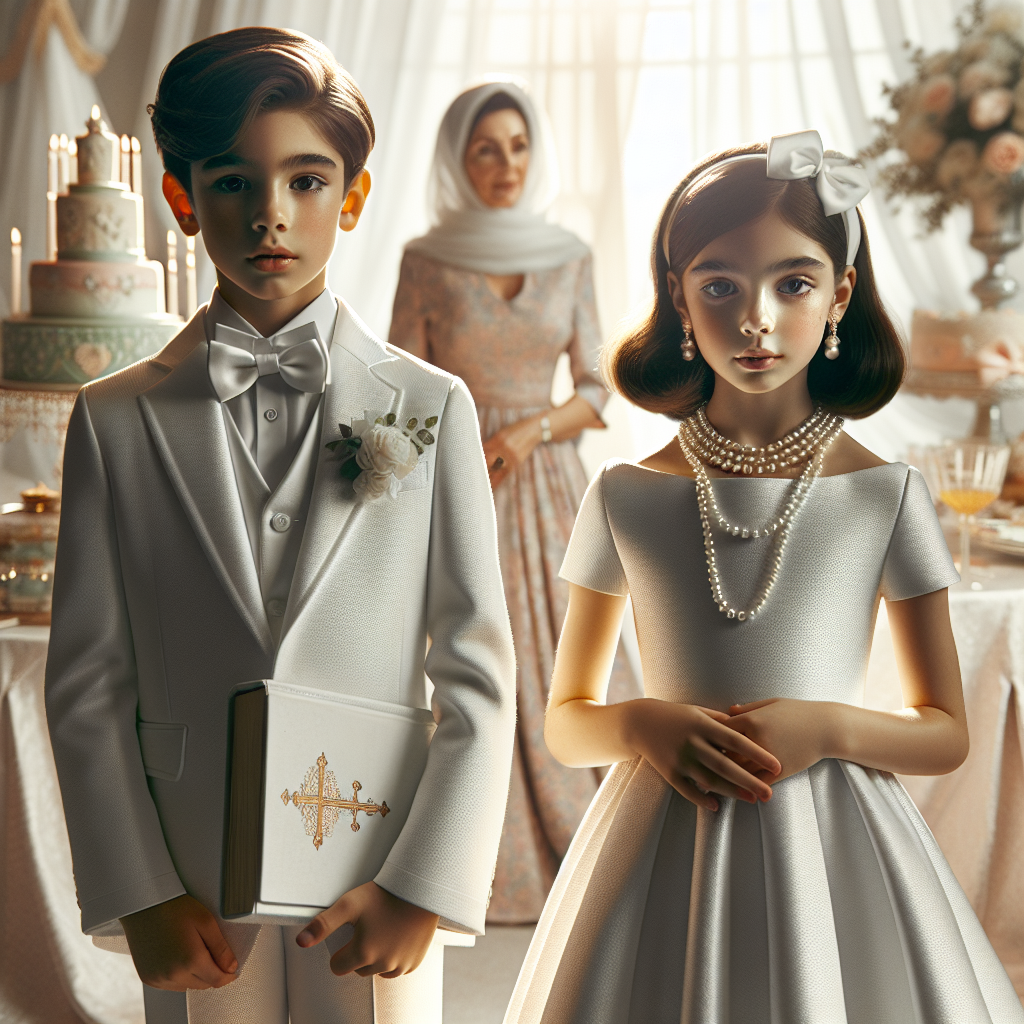 Imagine a setting for a first Holy Communion, a socially significant event in some Christian traditions. Picture a young boy in a crisp, white suit, carrying a prayer book. Alongside him stands a young girl, her look characterized by a simple, elegant white dress, pearls delicately adorning her necklace while her black hair is neatly styled with a white bow. An adult woman of Middle-Eastern descent, dressed in a pastel-colored dress, is present as well, reminding us of the etiquette at such occasions. Amidst the soft sunlight streaming in, the table nearby features a tiered cake and beautifully wrapped gifts.