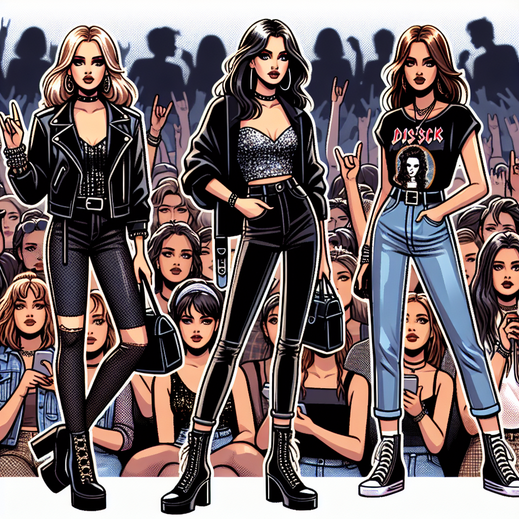 A busy scene of a rock concert featuring a variety of stylish and stunning outfits for women. It should include three women, each with a diverse fashion style. The first woman should be of Caucasian descent, with a 1980s grunge-inspired outfit, featuring a black leather jacket, ripped jeans, and chunky boots. The second woman should be of Hispanic descent, showing a modern rock chic aesthetic with a sequin top, black skinny jeans, and high-heeled boots. The third woman, of Middle-Eastern descent, should exhibit a classic rock look, sporting a band tee, denim shorts, and Converses.