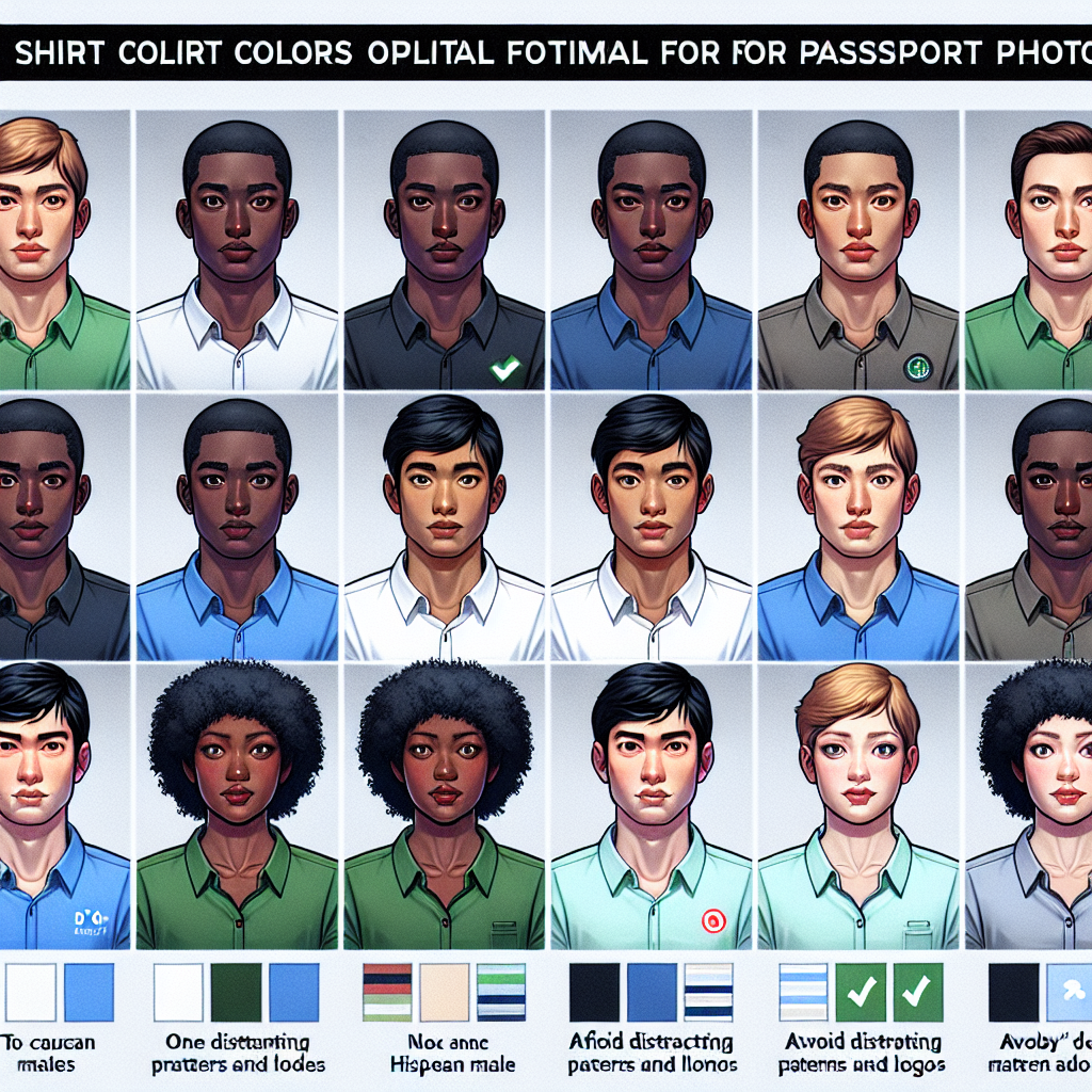 Best Shirt Colors for Passport Photos: Must-Know Tips Generate a visual guide showing a variety of shirt colors optimal for passport photos. Show eight different humans, each wearing a different colored shirt with colors such as blue, black, white, and green. As for the humans, depict a balance of genders and descents: two Caucasian males, one Hispanic female, one Black female, one Middle-Eastern male, one South Asian female, one White male, one Hispanic male. Each person should have neutral facial expressions as if posing for a passport photo. Avoid distracting patterns and logos on shirts. Also present a few 'do's and 'don'ts' text boxes featuring essential tips for shirt choice.