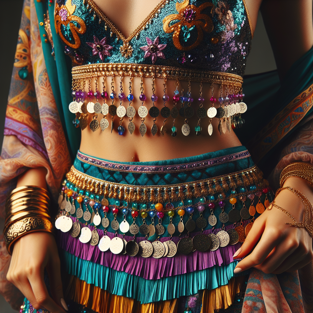 Belly Dancing Class Outfit: Must-Have Styles for You! Close up image of an outfit typically worn for a belly dancing class. The outfit consists of a shimmering, jewel-toned two-piece set, including a bralette and a fringed skirt. The bralette is adorned with tiny silver coins and colourful beads, while the fringed skirt has metallic coins that jingle with movement. Complementing the outfit are gold bangles and a patterned silk headscarf. The color palette of the outfit reflects vibrant hues of purple, turquoise, and gold. All these components collectively represent the beauty and culture of traditional belly dance attire. This is a must-have style for any belly dancing enthusiast.