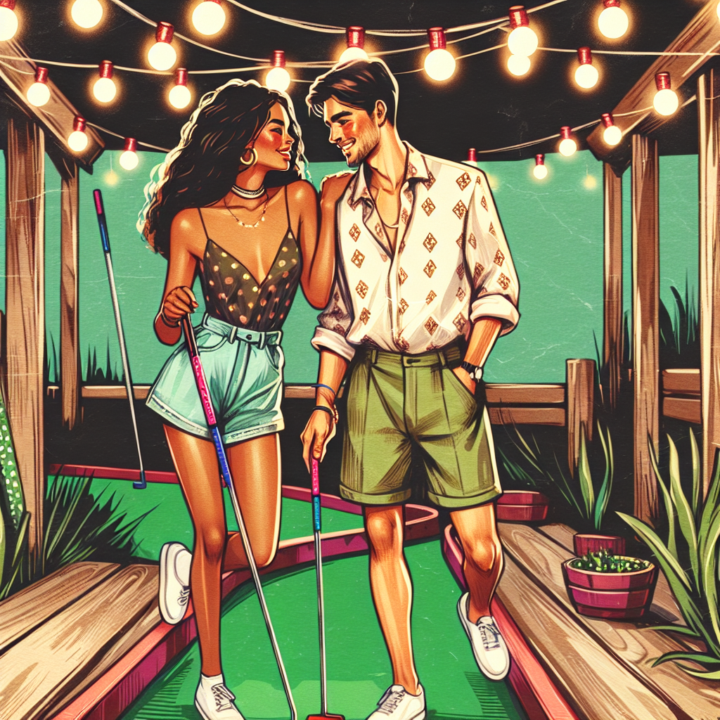 An illustration of a romantic evening at a mini-golf course. A couple, one Black woman and one Asian man, both in their late twenties, are playfully dressed in stylish but comfortable outfits perfect for a mini-golf game. The woman is wearing a high-waisted shorts with a flowy top and the man in a cool patterned shirt and khaki shorts. Rustic string lights twinkle above them as they hold colorful putters, the green turf beneath their feet. Art should be rendered in the vivid, bright color palette of a vintage postcard.