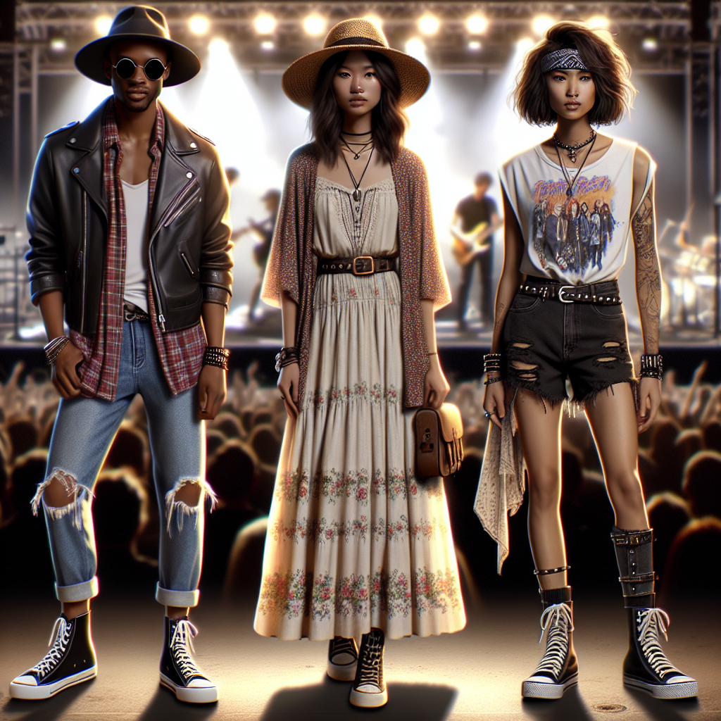 Imagine three fashionably dressed individuals standing together and ready to attend a live musical event. The first person, a Black male, is rocking a casual chic look with a leather jacket, denim jeans, and high-top sneakers. The second individual, an Asian female, exudes a boho style with a flowy maxi dress and a woven fedora hat. The third person, a Hispanic trans woman, is donning a punk style with a band t-shirt, black ripped jeans, and combat boots. In the background, there&rsquo;s the glow of stage lights suggesting the vicinity of a concert venue.