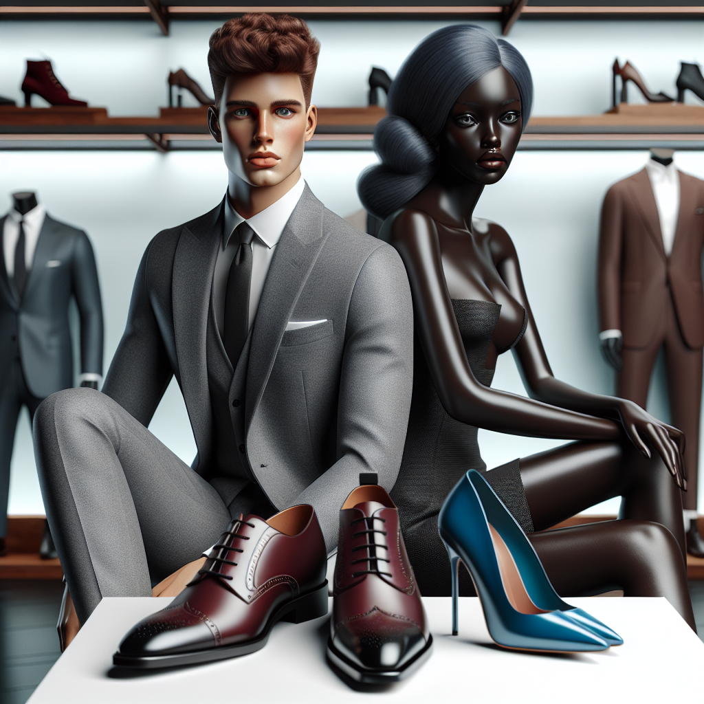 Two mannequins depicting a modern fashion scenario, one Caucasian male and one Black female, both dressed in tailored, grey suits. Their footwear should differ: the male wearing classic, high polished, lace-up leather shoes in a deep burgundy, while the female should be in stiletto pumps of brilliant sapphire blue. Background can be a minimalist chic boutiques, with hints of a shoe line up on a mahogany shelf. These elements symbolize a smart guide for choosing shoes to pair with grey suits, demonstrating a sense of style and finesse.