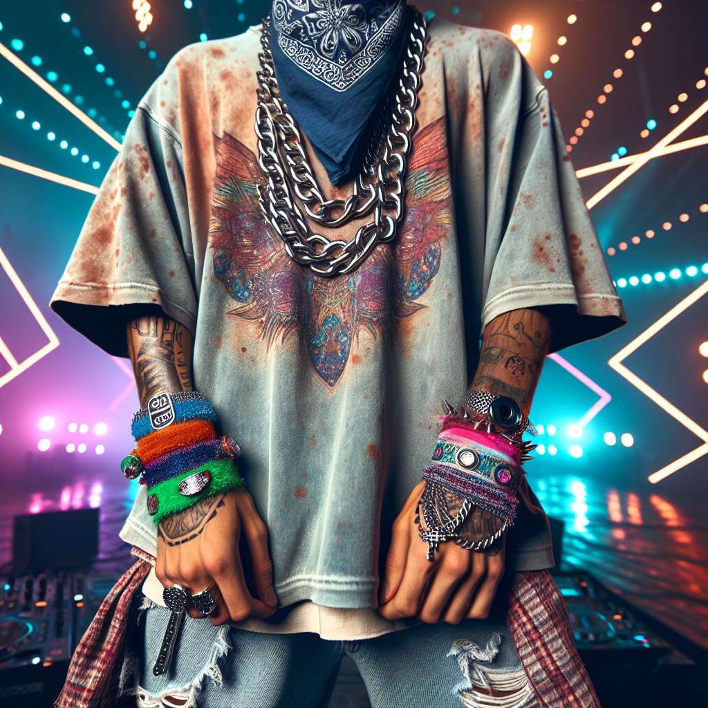 Must-Have Styles for a Post Malone Concert 2025 A concept for a trendy concert outfit inspired by the music scene in 2025. The ensemble includes elements renowned in the pop and hip-hop genres. It features a vintage washed oversized T-shirt paired with ripped jeans. Around the neck, there's a thick, chunky chain necklace, while the wrists feature an array of vibrant festival wristbands. Completing the look is a uniquely patterned bandana and round-frame sunglasses. The person wearing these items is a Caucasian male with tattoos adorning his arms. The background includes intense neon concert lights commonly associated with large music events.
