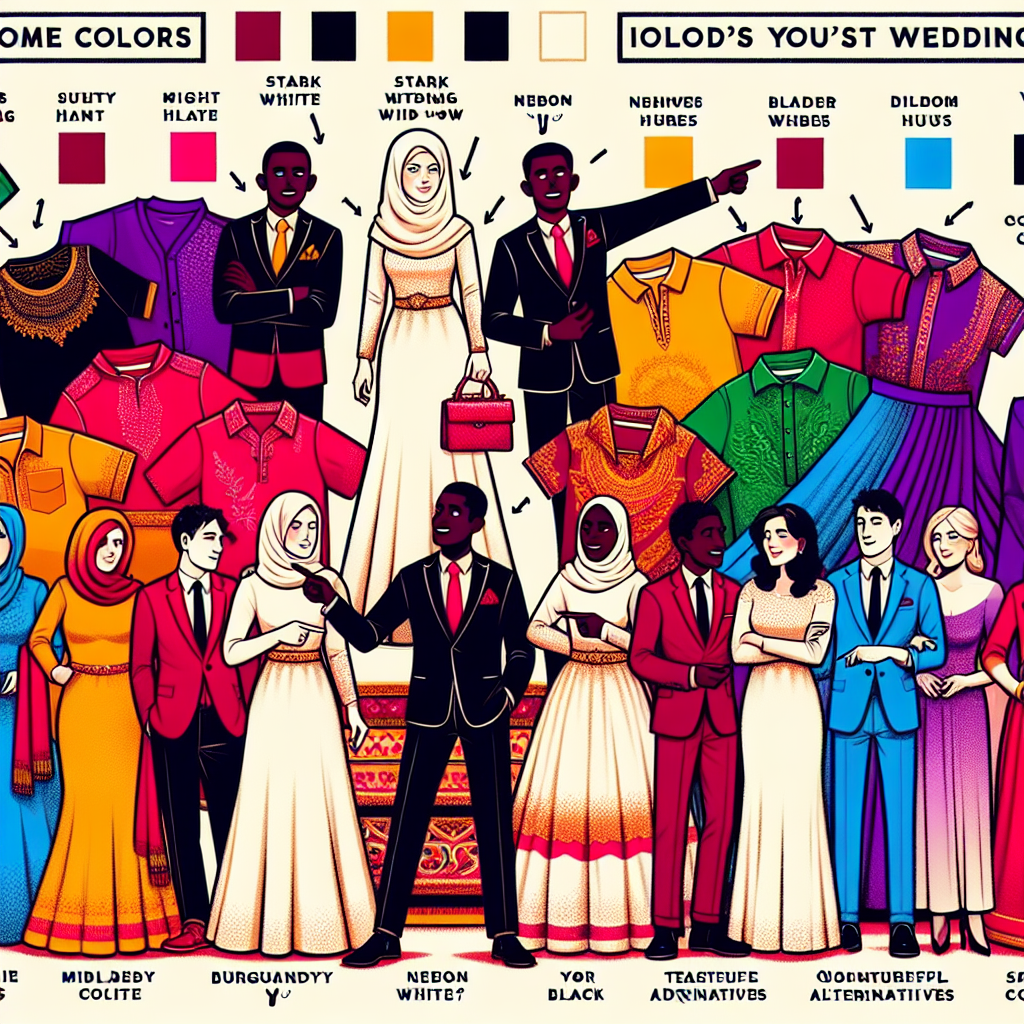 A vibrant image depicting various clothing items arranged according to color, laid out as if on display. Visual explanations of why some colors might not be ideal for wedding attire. Might include burgundy, stark white, neon hues, or black, depending on cultural norms. Additionally, it shows tasteful alternatives or styles that are considered good choices for such events. Include representations of diverse people including a Middle-Eastern man and South Asian woman discussing these options, with varying expressions, pointing towards certain colors.