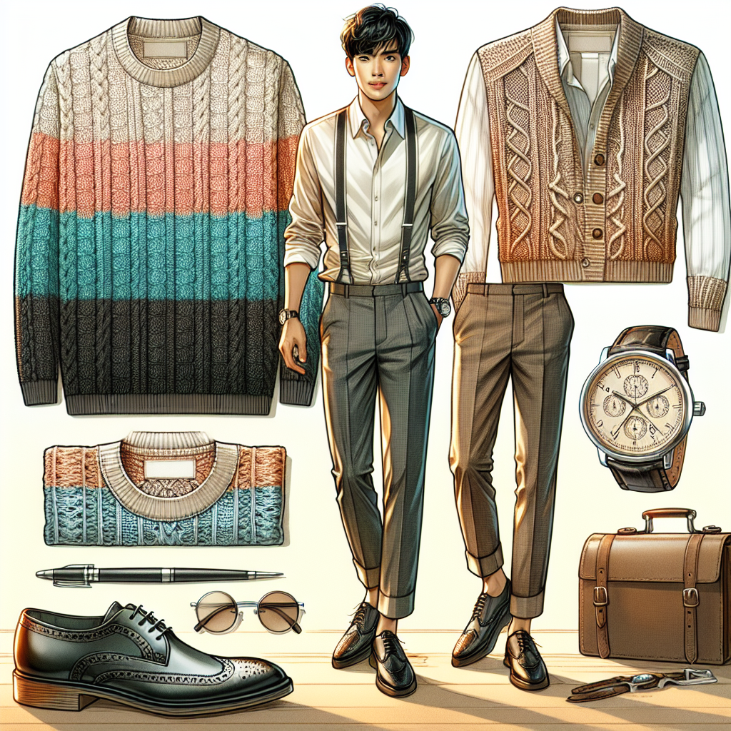 A detailed and vivid illustration showcasing a fashion-conscious individual, displaying an effortlessly elegant style, underneath a stylish crochet sweater. The person, an Asian male, presents a desirable, casual yet sophisticated visual representation of outfits ideal for wearing under a crochet sweater. The wardrobe could include a fitted, collared shirt in a pastel shade, paired with dark-colored trousers, suggesting a smart-casual dress code typical in modern city life. Around him, accessories matching this style, such as a classic wristwatch and brogue shoes, lie scattered. The background should have soft lighting and a warm color palette, to lend an atmosphere of comfort and elegance.