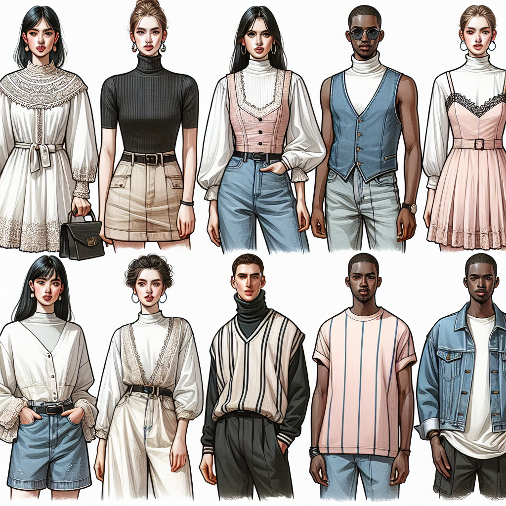 A detailed fashion-centric illustration showcasing various attires to pair under a denim vest. Picture a South Asian woman donning a voluminous white blouse with lace trims, paired with the denim vest. Further, visualize a Caucasian woman with a high-necked, sleeveless black turtle neck adorned with the denim vest. Additionally, portray a black man in a pastel pink tunic coupled with the denim vest. Finally, illustrate a Middle-Eastern man wearing a stripped casual t-shirt layered under the denim vest. All the character in contemporary, effortless yet stylish setting, emphasizing the inclusivity and versatility of denim vest styling.
