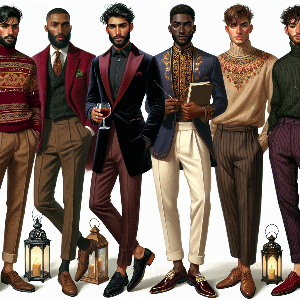 Showcase a collection of 'effortless holiday charm' themed outfits for men of diverse descents. Picture one on the left, dressed in a festive wool sweater, earth-toned slacks, and suede boots, holding a lit lantern. He is a Middle-Eastern man sporting a beard. To his right, a Black man wearing a crimson velvet blazer, black silk shirt, tapered white pants, and polished brogues, holding a glass of mulled wine. Next, a South Asian man donned in a gold embroidered festive kurta, tailored burgundy pants, bejeweled mojaris. Lastly, a Hispanic man in a green turtle neck, dark blue jeans, and brown leather boots, carrying a string of fairy lights.