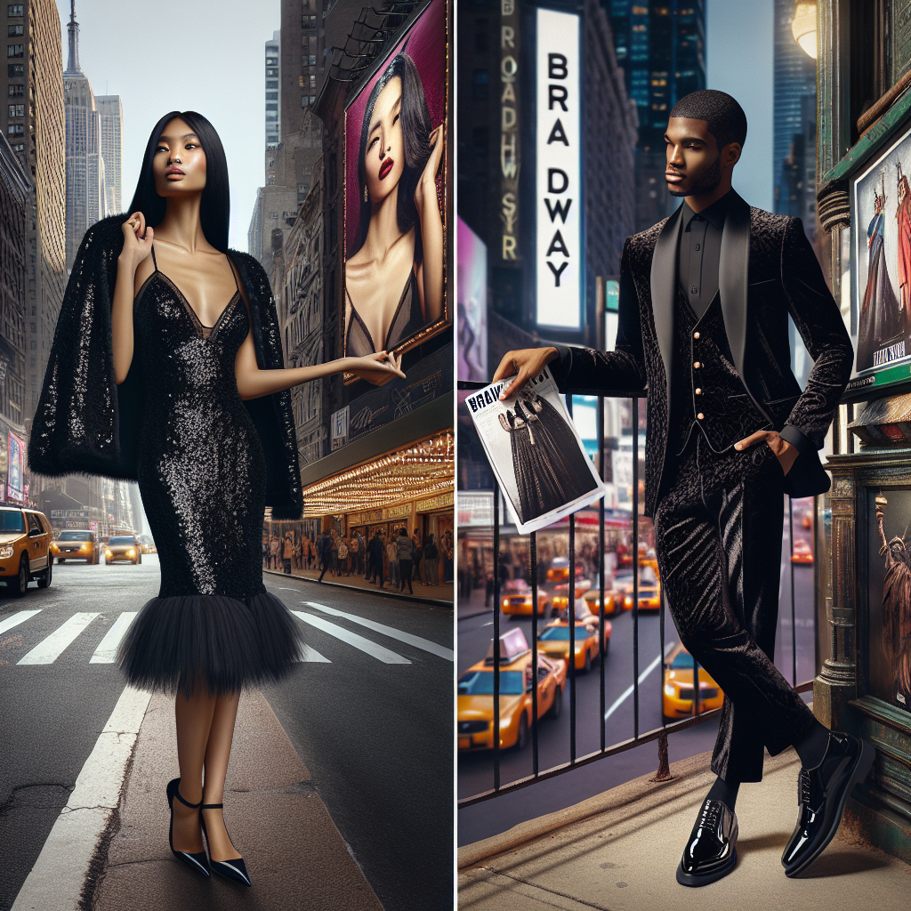 Imagine the bustling streets of New York City, where the spotlight of Broadway awaits. A South Asian woman is striking a confident pose, exhibiting a classy, black sequin dress paired with matching heels. On the other hand, a Black man is adorning a matching three-piece suit, fashioned from the finest velvet, paired with glossy black dress shoes. Both are clutching a Broadway theatre program signifying their upcoming show experience. Their anticipation is mirrored by iconic Broadway billboards casting brilliant colors against the cityscape, demonstrating a perfect amalgamation of style meeting culture in the heart of the big city.