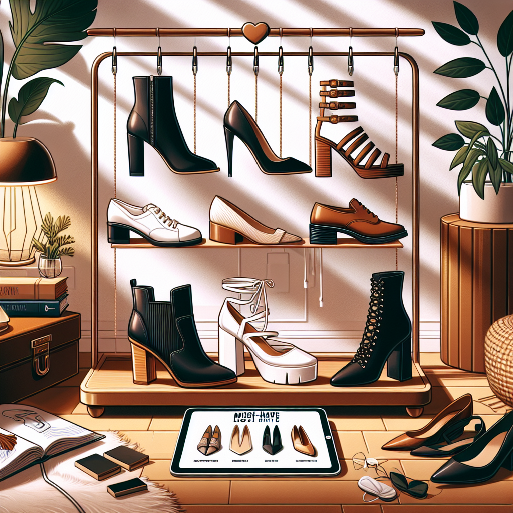 Must-Have Shoes for Long Skirts: Effortless Style Guide A detailed style guide focused on must-have shoes. The scene is a stylish room with an array of five different types of shoes carefully arranged on a classy wooden rack. These shoes vary in style and are designed to perfectly match long skirts. The shoes include, a pair of black ankle boots for a Caucasian woman, a white pair of strappy sandals for a Hispanic woman, retro-style chunky sneakers for a Black woman, elegant ballerina flats for a Middle-Eastern woman and classic leather loafers for a South Asian woman. A digital tablet laying nearby, illuminates the shoes and displays tips about pairing long skirts and shoes.
